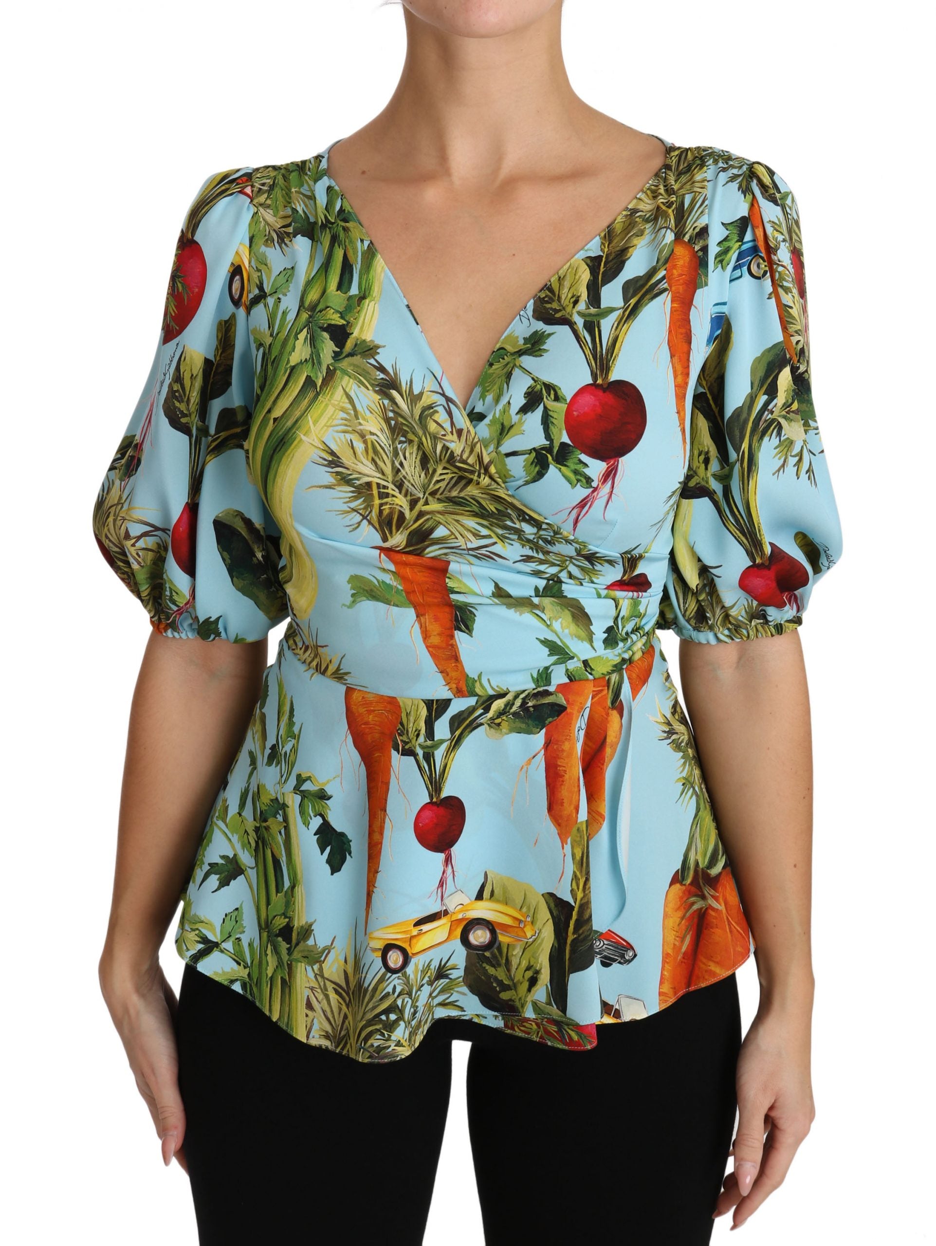 Dolce & Gabbana Multicolor Vegetable Print Silk Top Peplum Wrap Blouse - PreLoved & Luxe