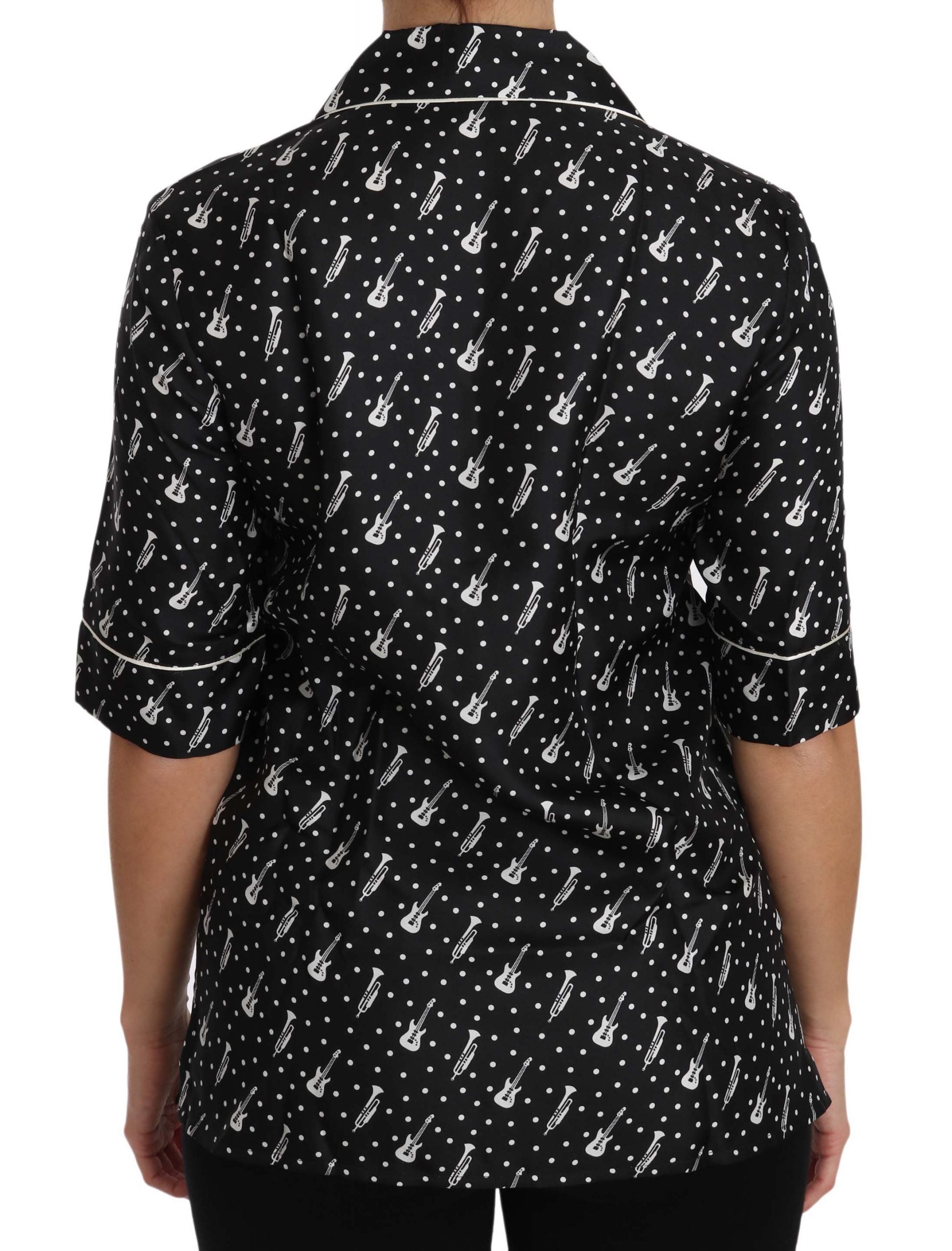 Dolce & Gabbana Black GuitarTrumpet Print Silk Shirt Top - PreLoved & Luxe