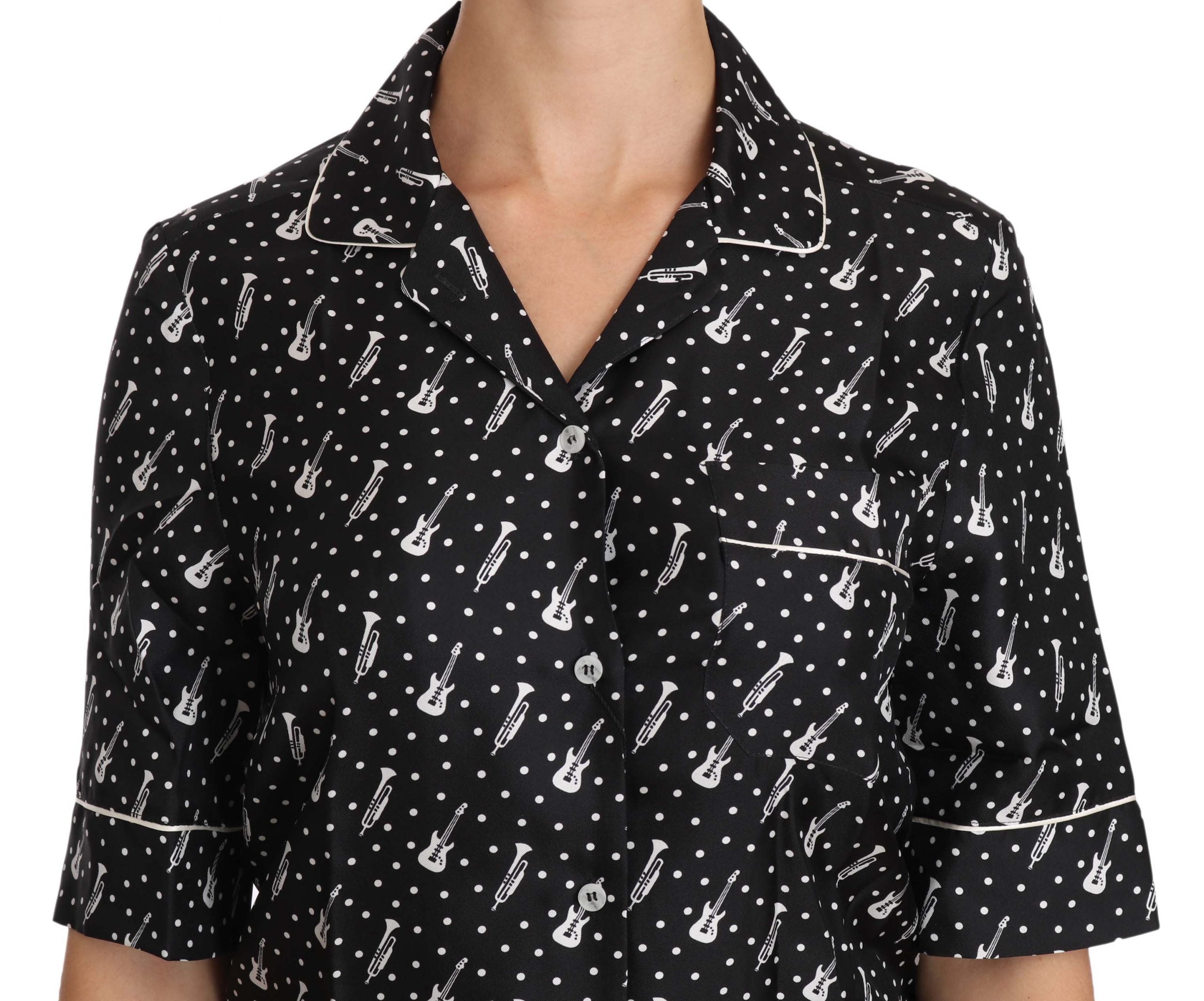 Dolce & Gabbana Black GuitarTrumpet Print Silk Shirt Top - PreLoved & Luxe