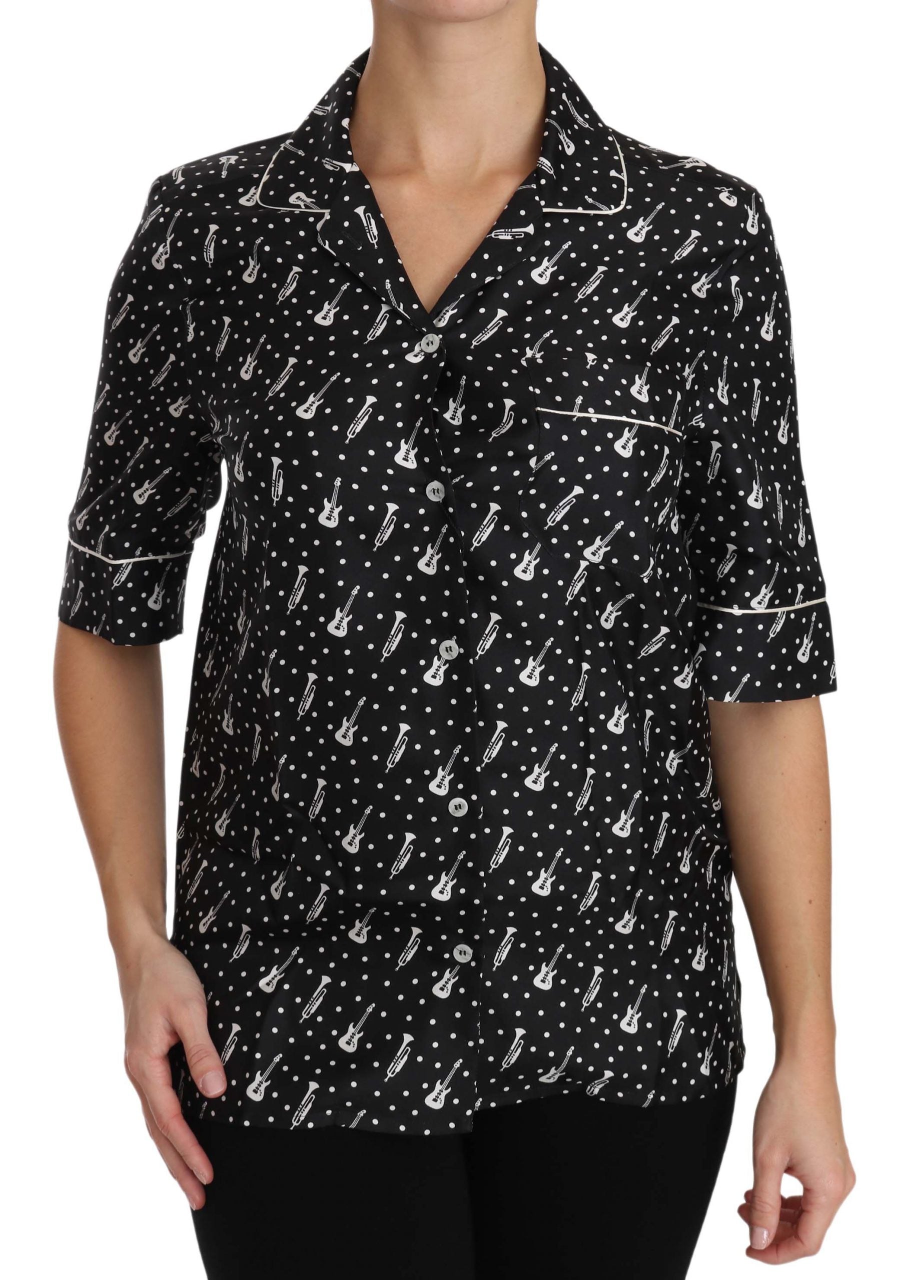 Dolce & Gabbana Black GuitarTrumpet Print Silk Shirt Top - PreLoved & Luxe