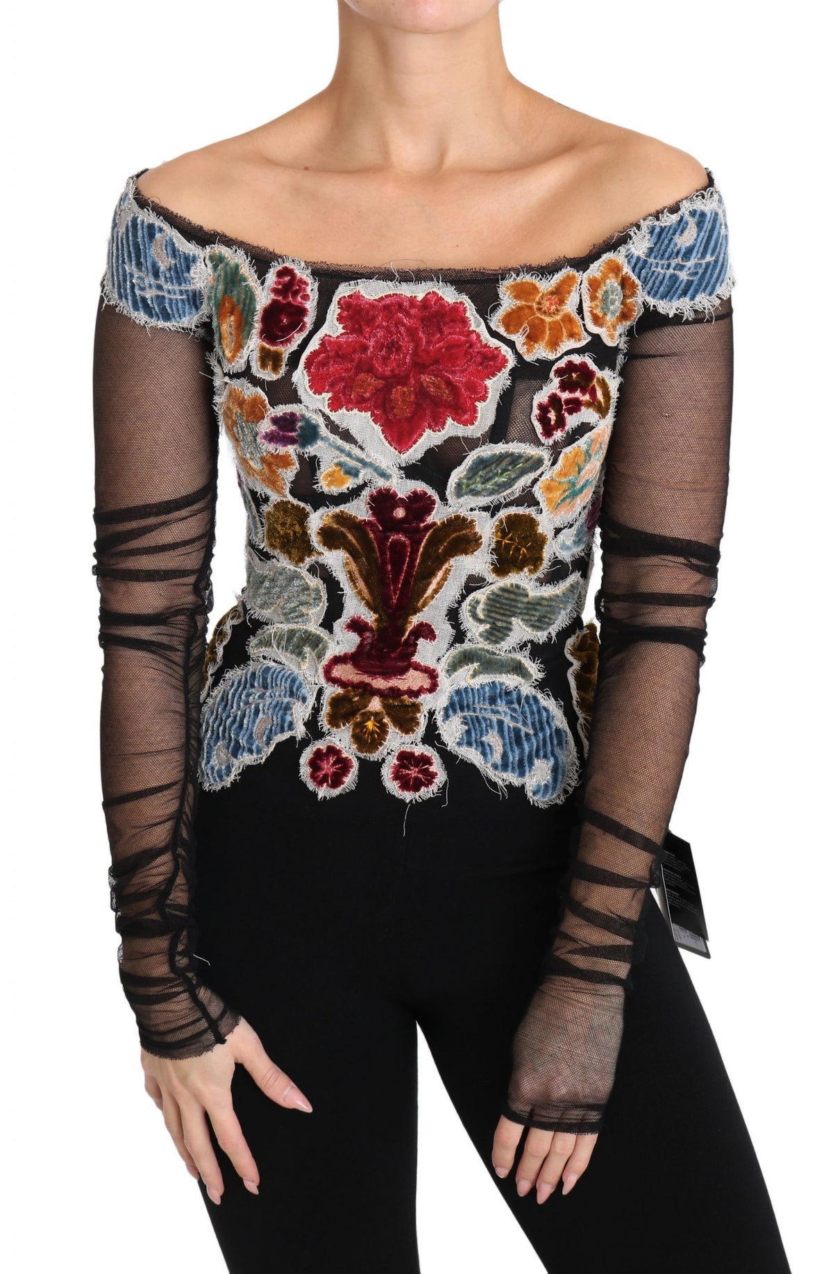 New Dolce & Gabbana Black Floral Ricamo Top T-shirt Blouse