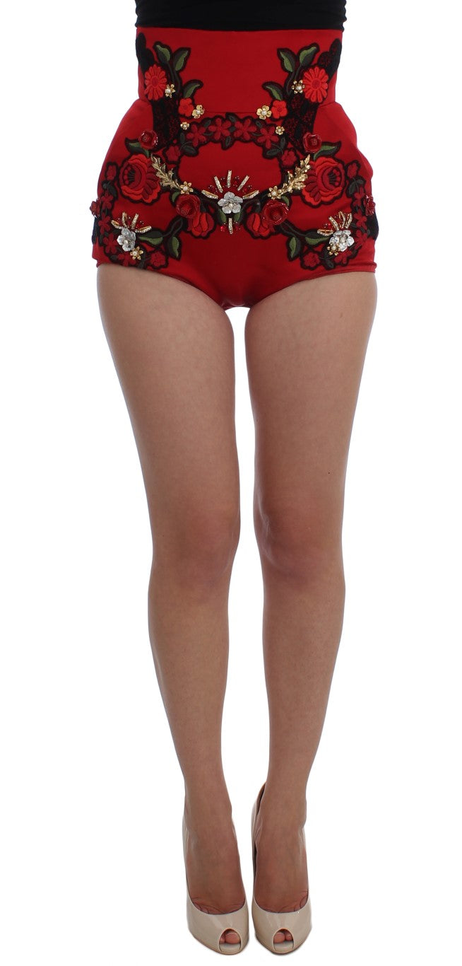 Dolce & Gabbana Red Silk Crystal Roses Shorts - PreLoved & Luxe