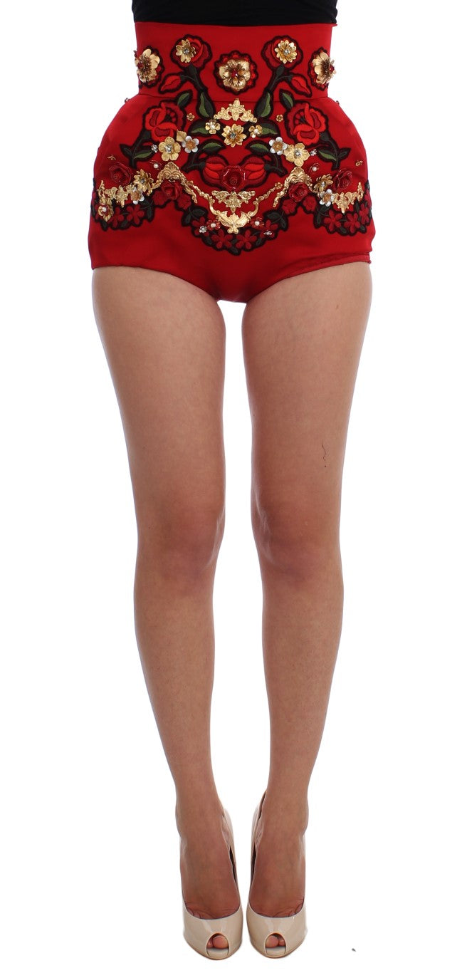 Dolce & Gabbana Red Silk Crystal Roses Shorts - PreLoved & Luxe