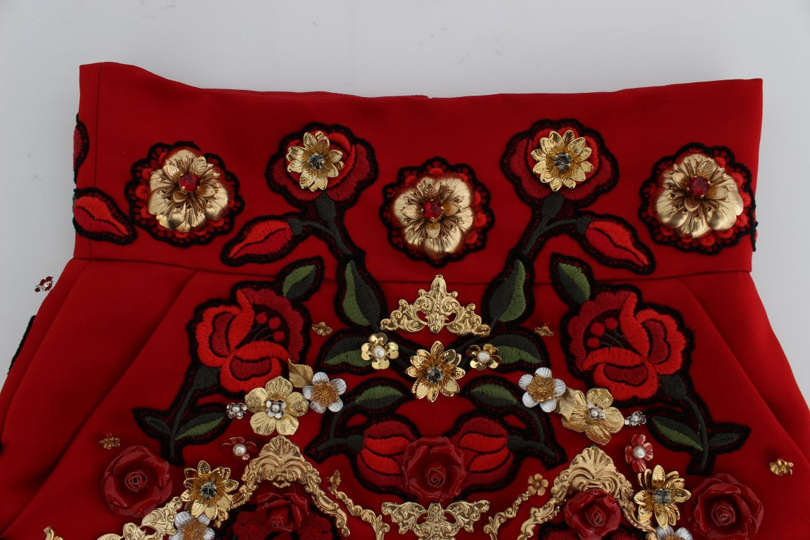 Dolce & Gabbana Red Silk Crystal Roses Shorts - PreLoved & Luxe