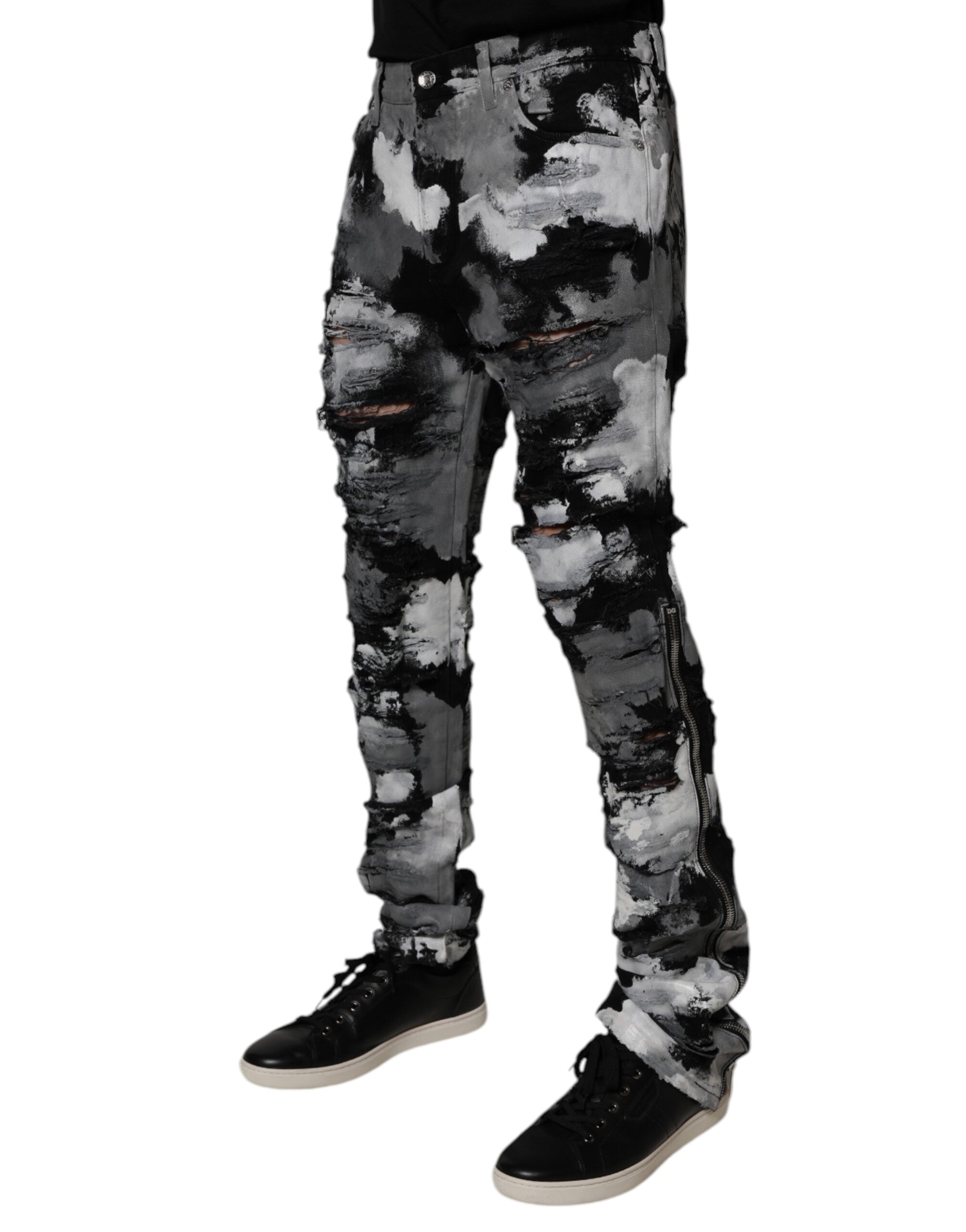 New Dolce & Gabbana Multicolor Camouflage Tattered Skinny Denim Jeans