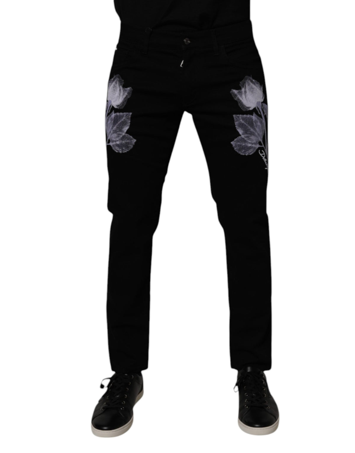 New Dolce & Gabbana Black Floral Cotton Skinny Men Denim Jeans