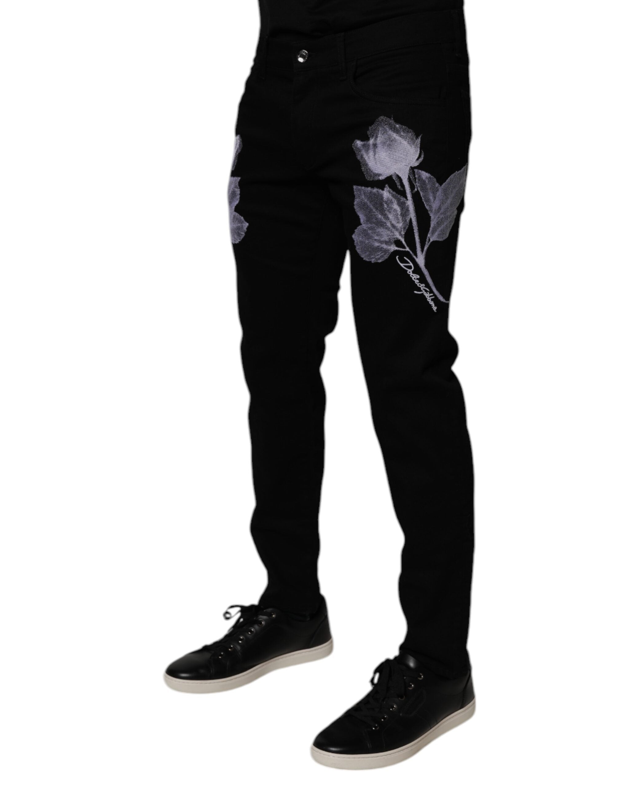 New Dolce & Gabbana Black Floral Cotton Skinny Men Denim Jeans
