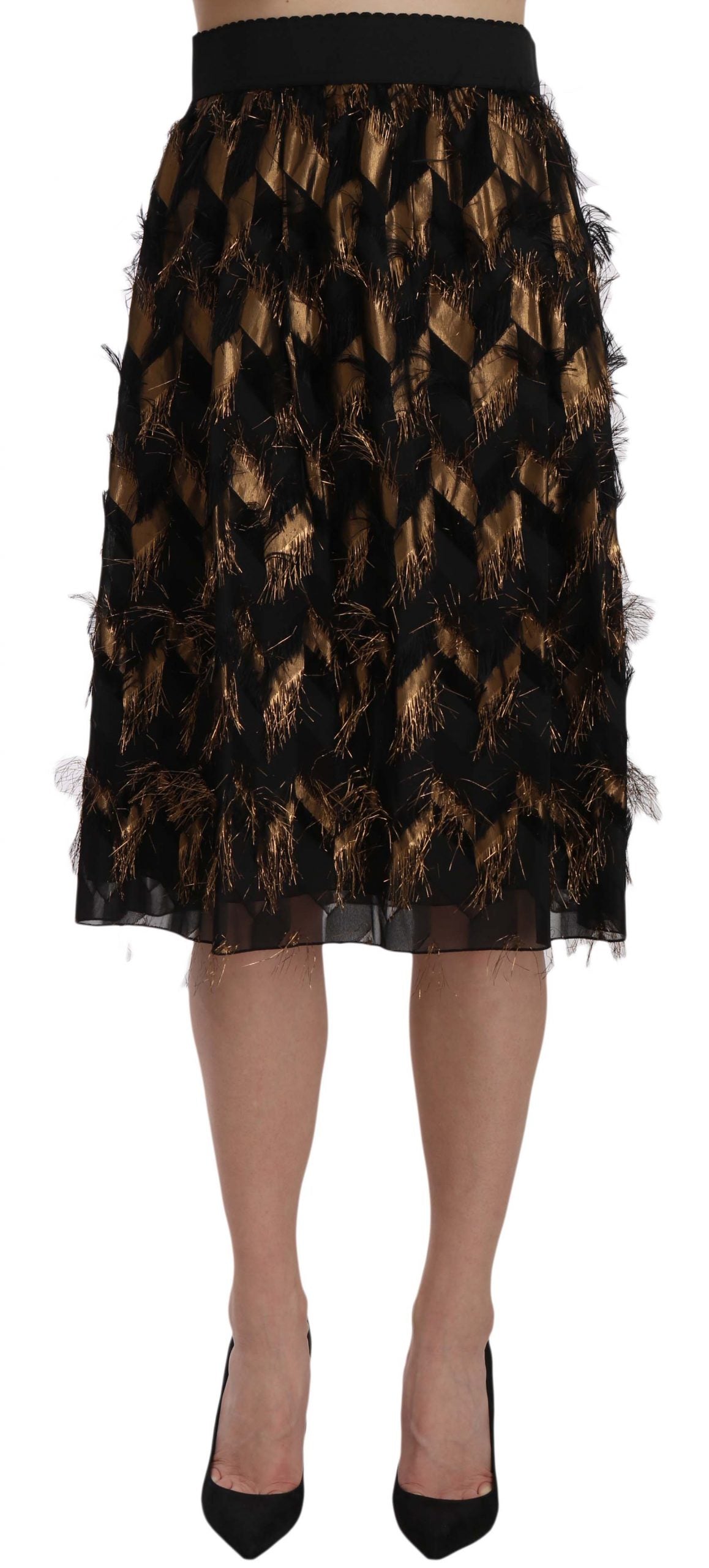 Dolce & Gabbana Black Gold Fringe Metallic Pencil A-line Skirt - PreLoved & Luxe