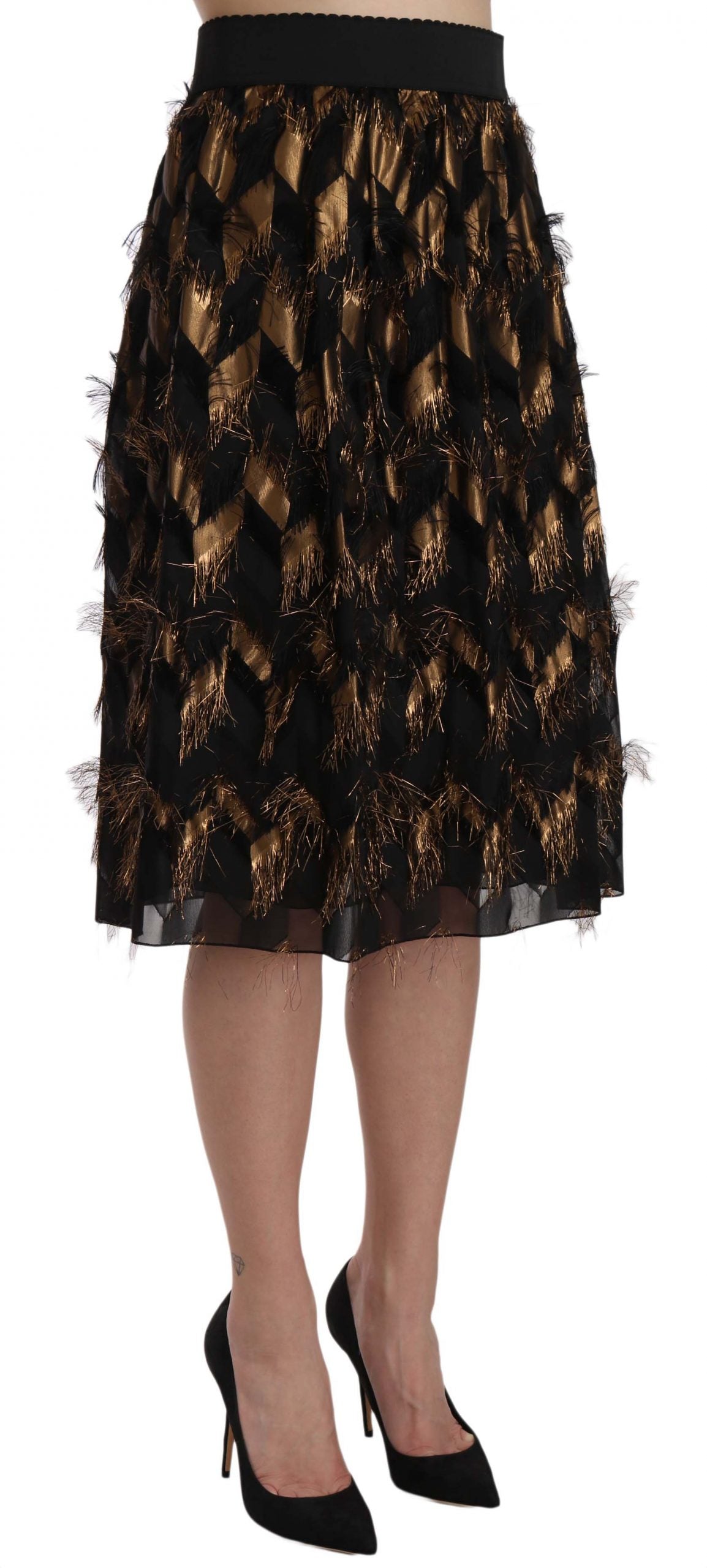 Dolce & Gabbana Black Gold Fringe Metallic Pencil A-line Skirt - PreLoved & Luxe