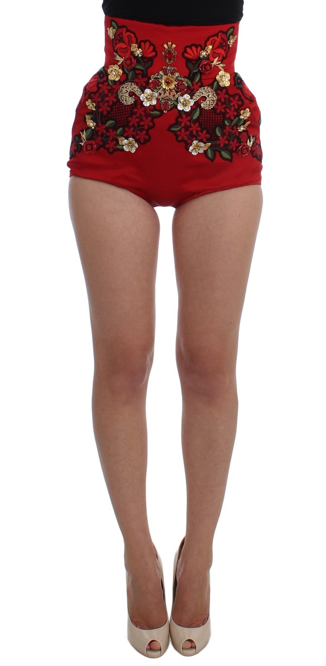 Dolce & Gabbana Red Silk Crystal Roses Shorts - PreLoved & Luxe