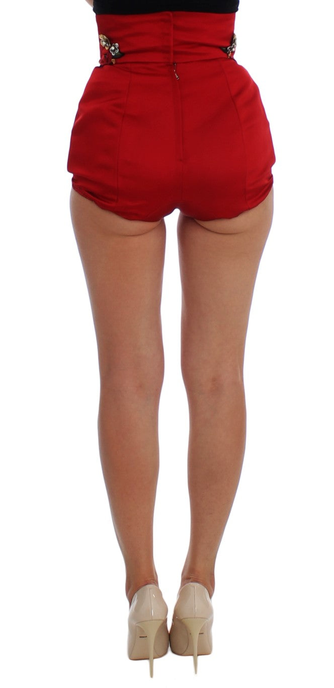Dolce & Gabbana Red Silk Crystal Roses Shorts - PreLoved & Luxe