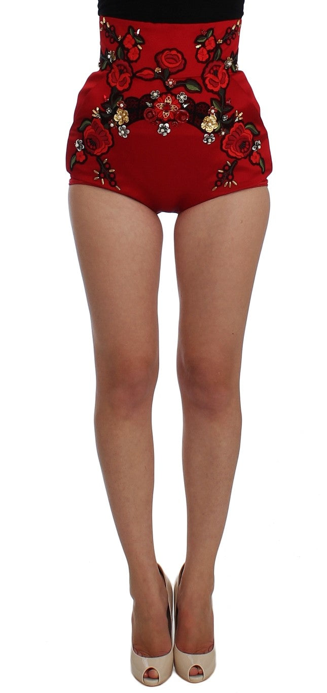 Dolce & Gabbana Red Silk Crystal Roses Shorts - PreLoved & Luxe