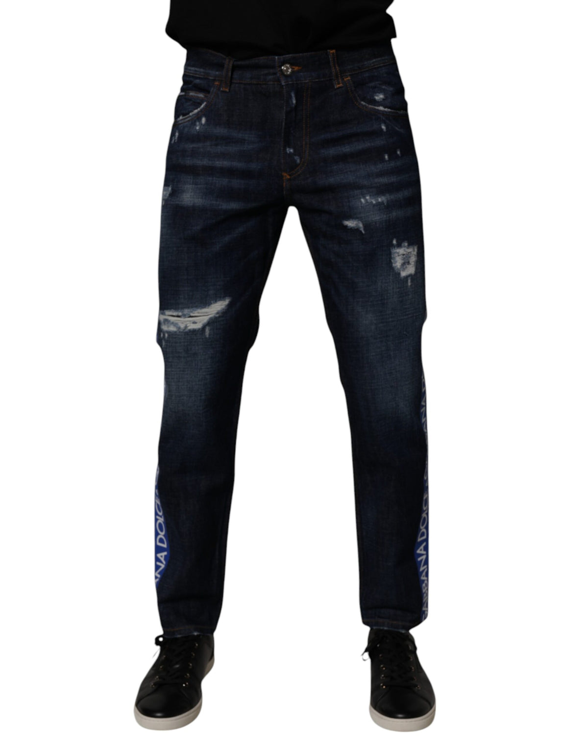 New Dolce & Gabbana Dark Blue Cotton Tattered Skinny Denim Jeans