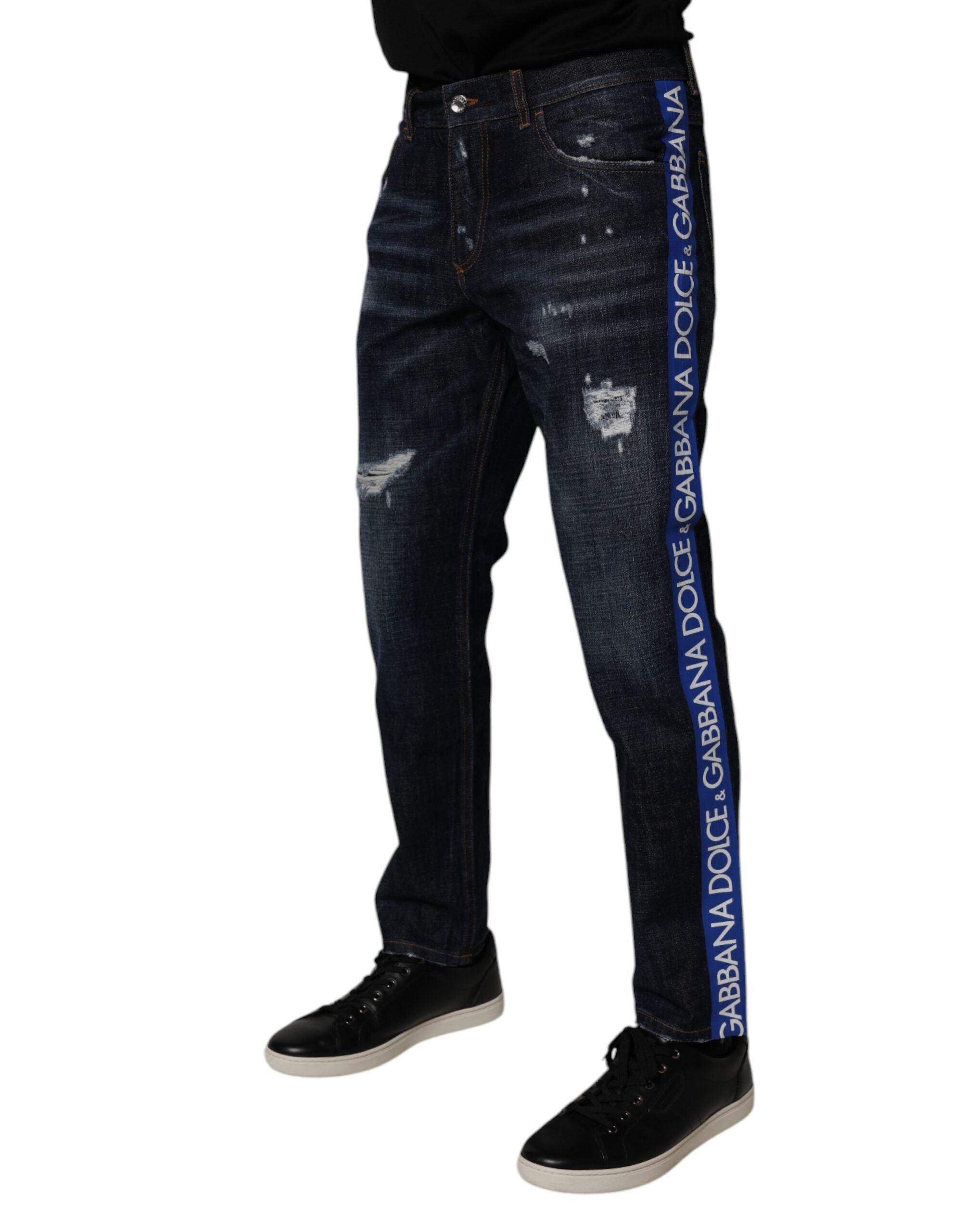 New Dolce & Gabbana Dark Blue Cotton Tattered Skinny Denim Jeans