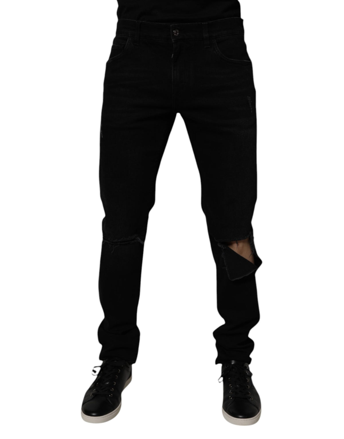 New Dolce & Gabbana Black Cotton Tattered Skinny Men Denim Jeans