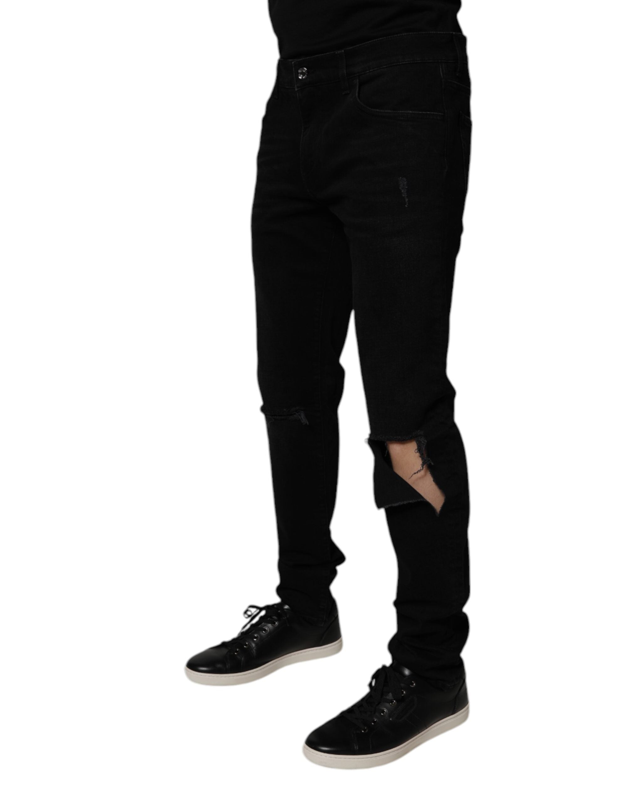 New Dolce & Gabbana Black Cotton Tattered Skinny Men Denim Jeans