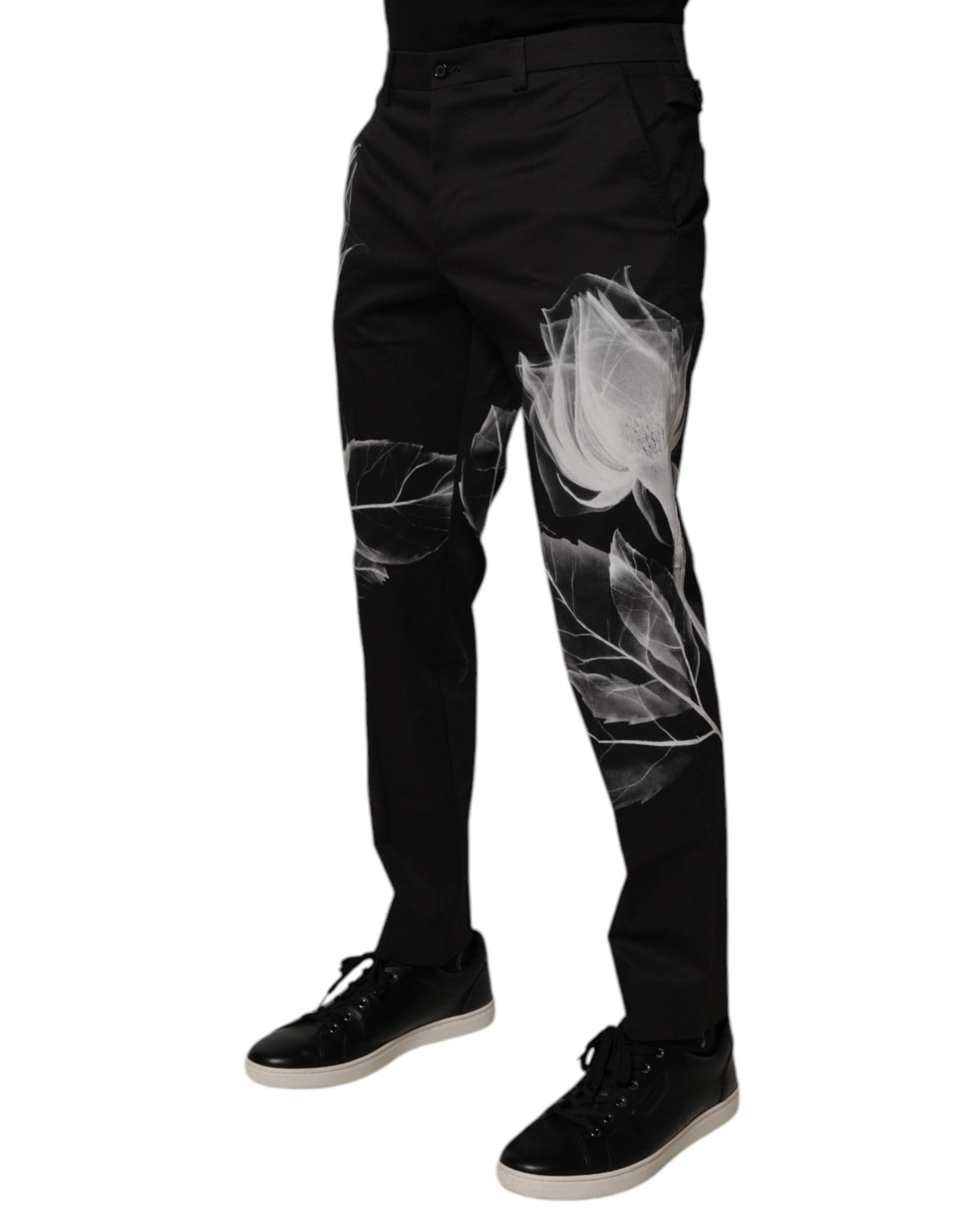 New Dolce & Gabbana Black Cotton Floral Skinny Dress Pants