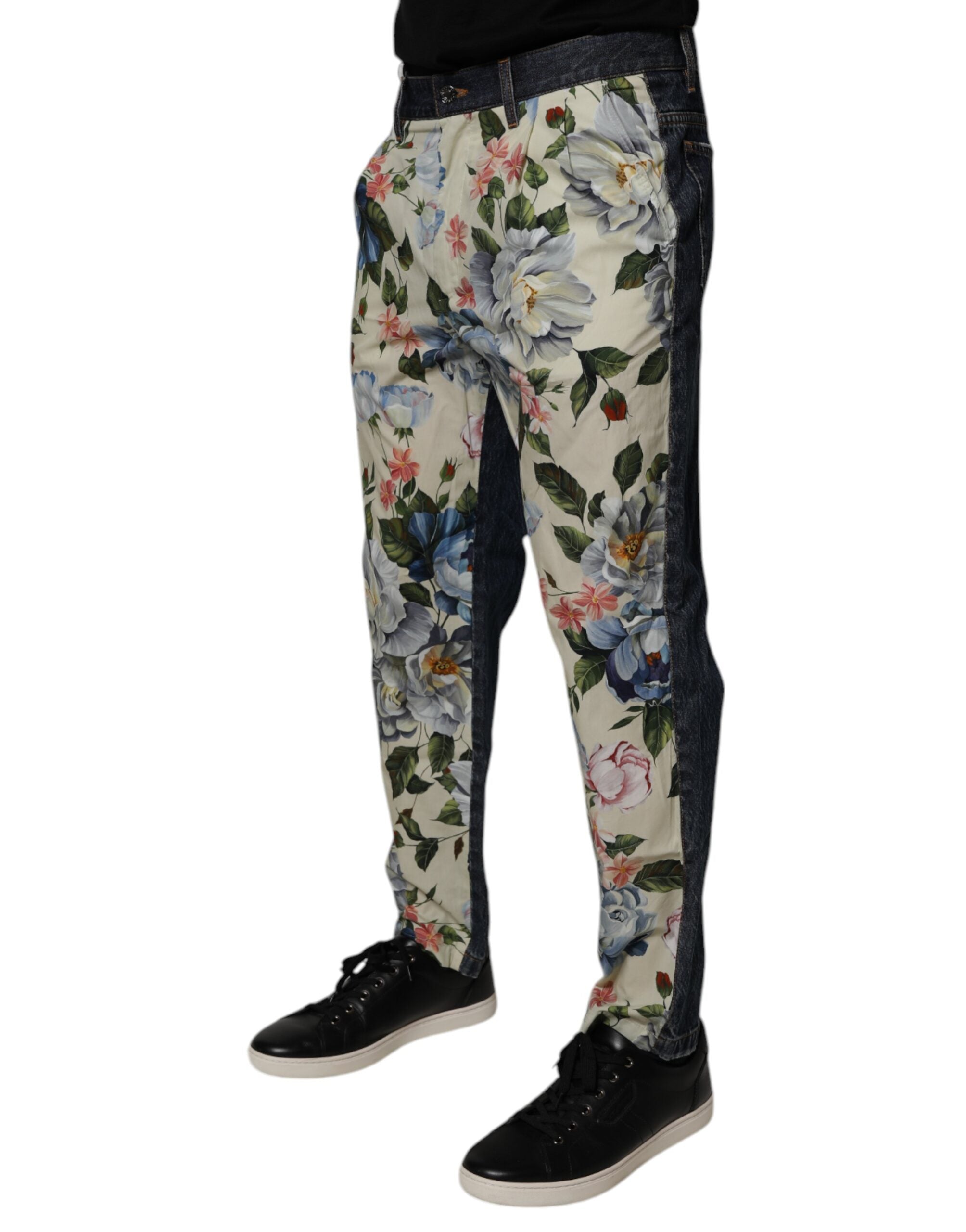 New Dolce & Gabbana Beige Blue Floral Cotton Men Denim Jeans