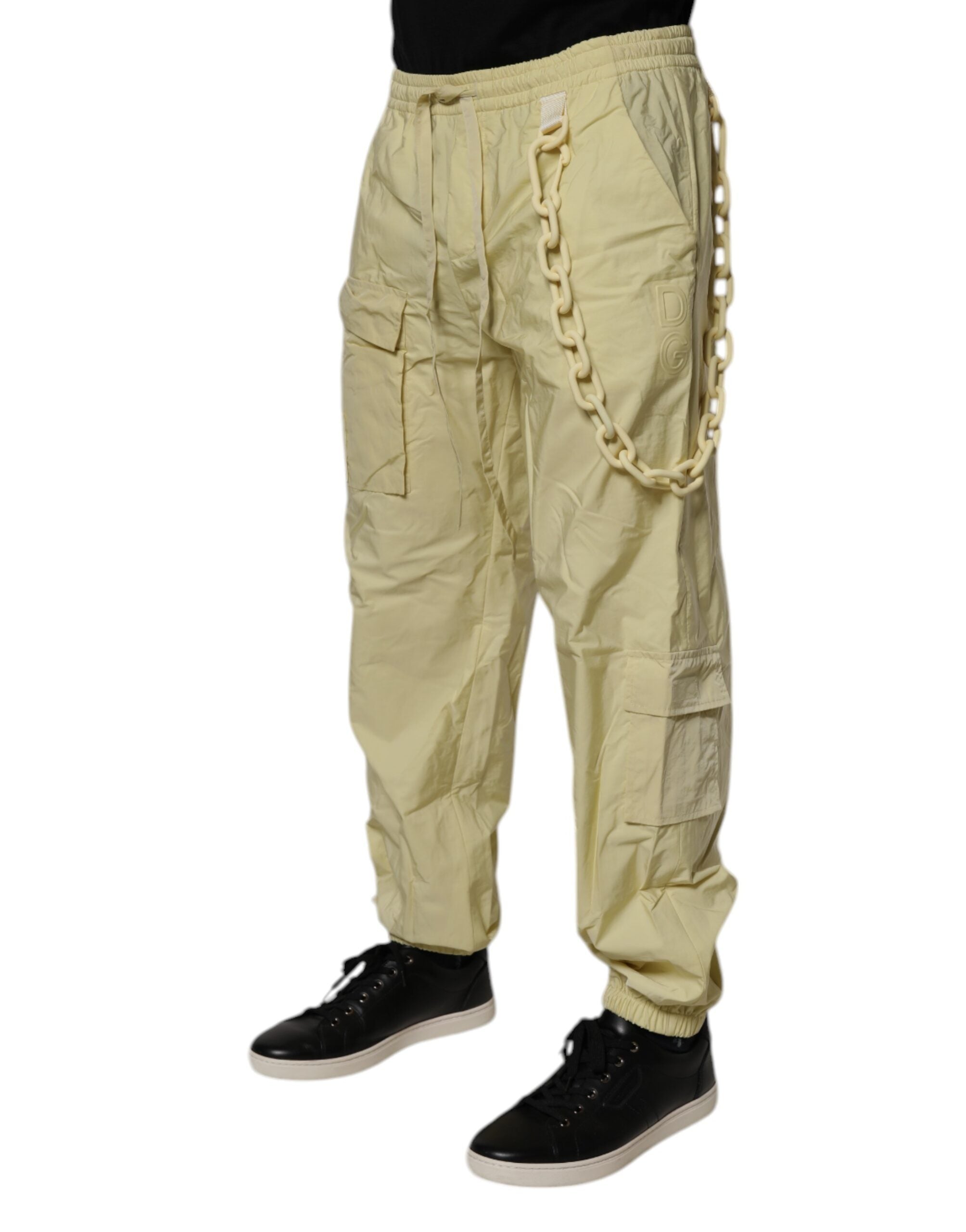 New Dolce & Gabbana Yellow Nylon Cargo Chain Men Jogger Pants