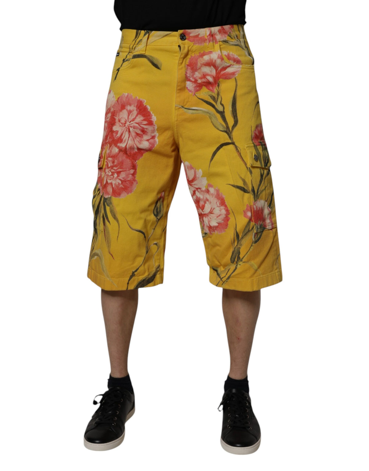 New Dolce & Gabbana Yellow Floral Cargo Denim Men Bermuda Shorts