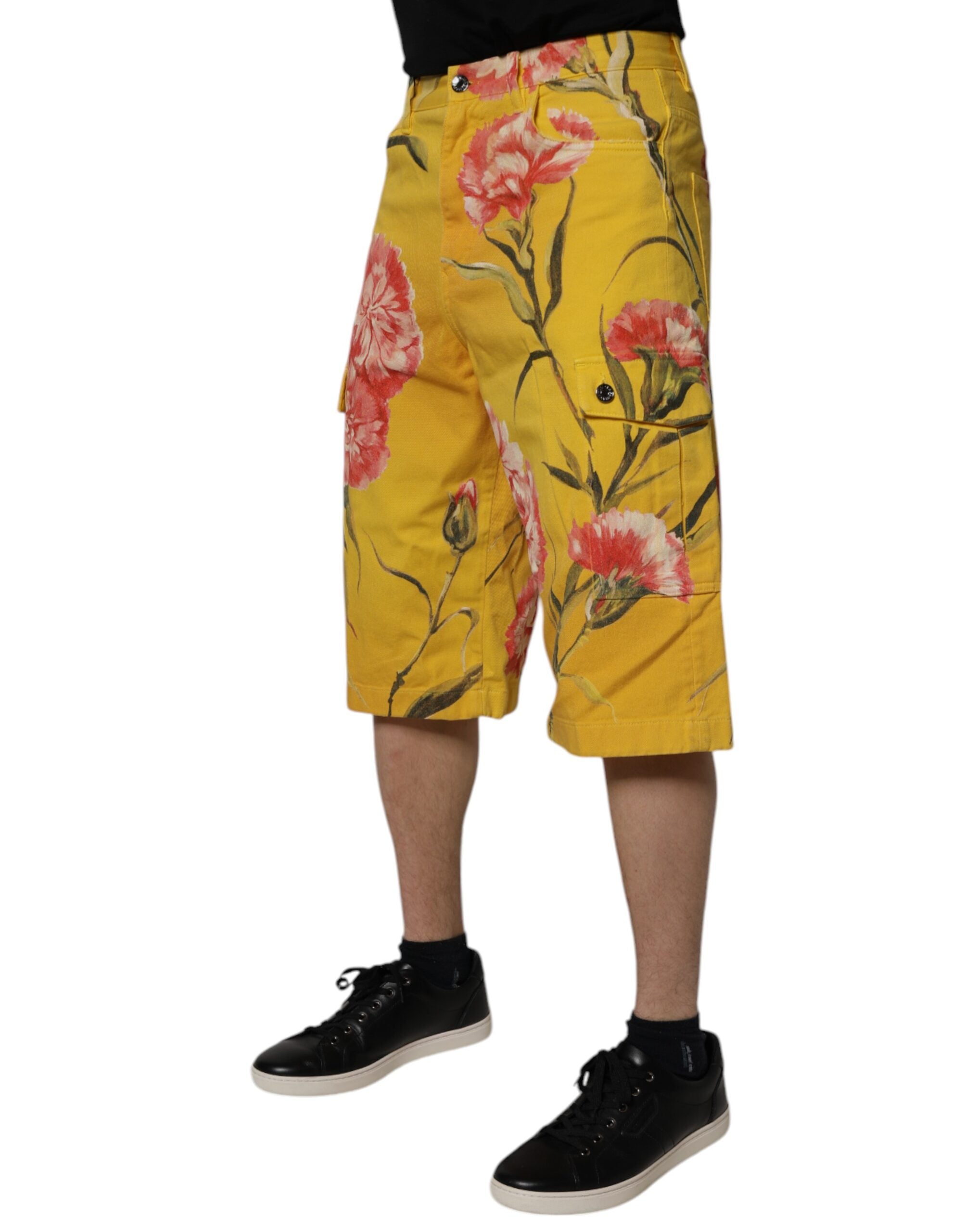 New Dolce & Gabbana Yellow Floral Cargo Denim Men Bermuda Shorts