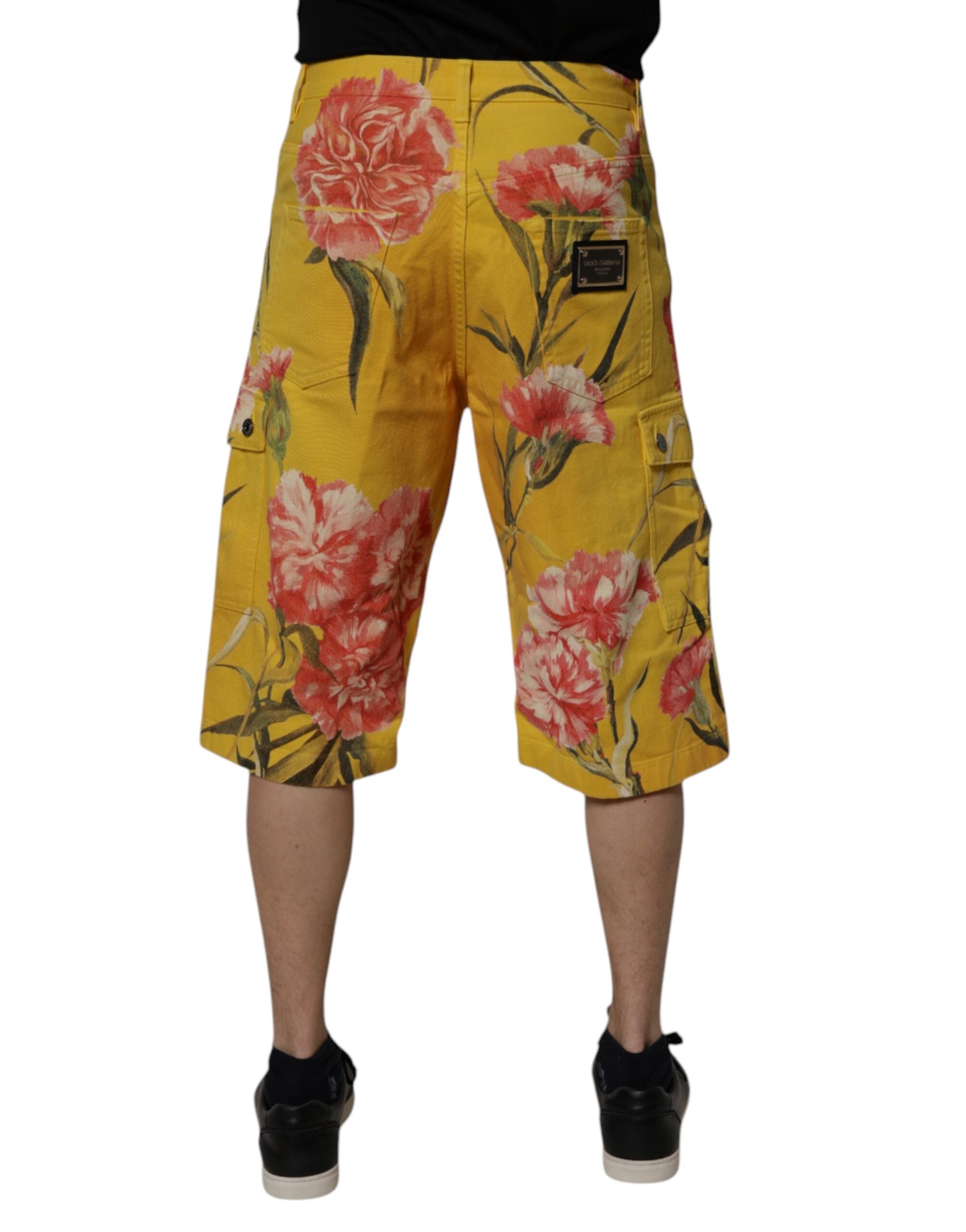 New Dolce & Gabbana Yellow Floral Cargo Denim Men Bermuda Shorts