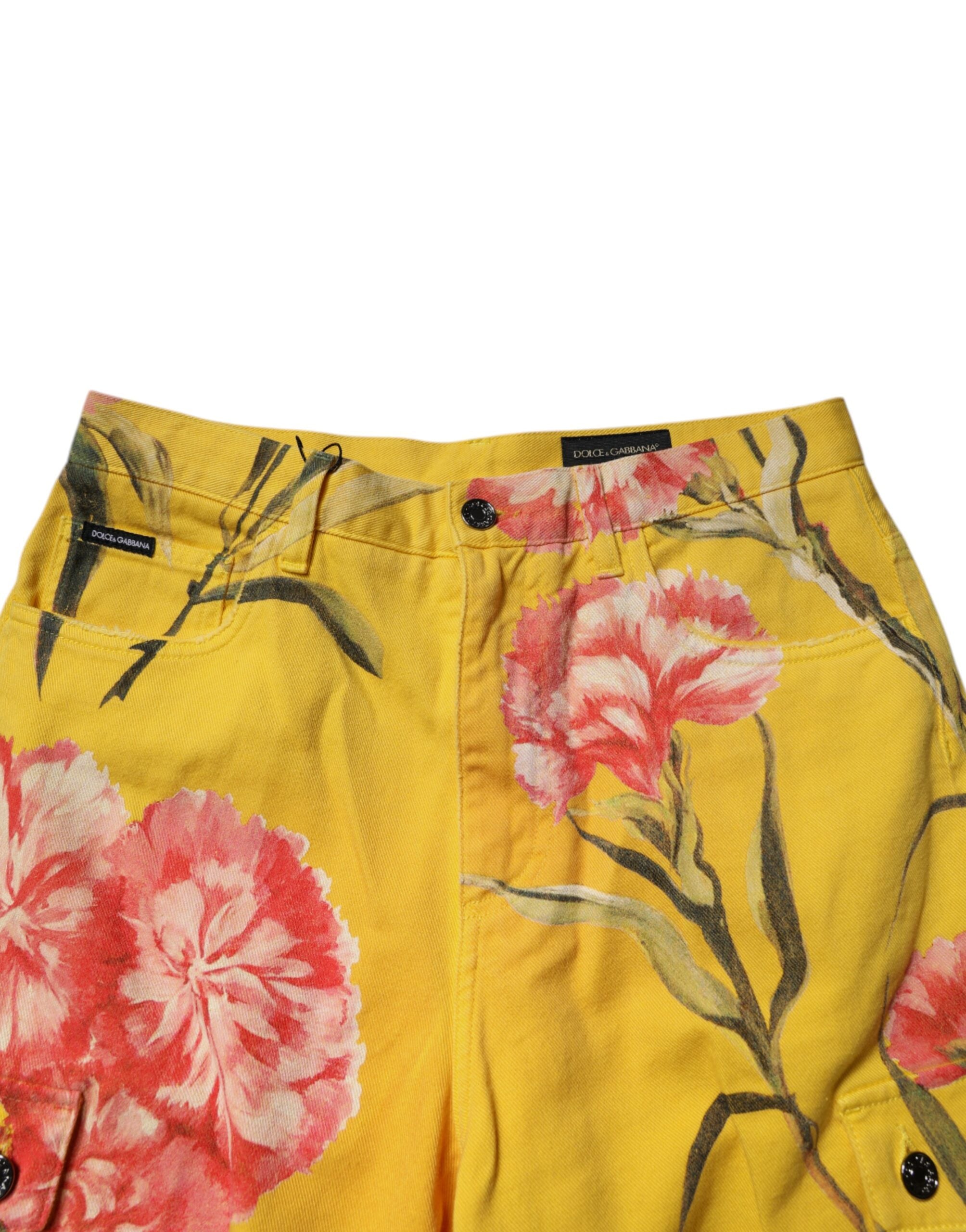 New Dolce & Gabbana Yellow Floral Cargo Denim Men Bermuda Shorts