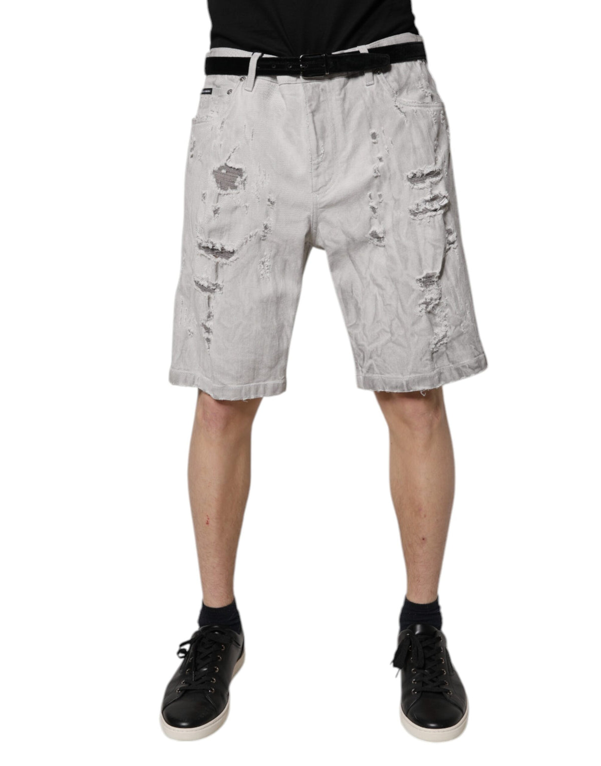 New Dolce & Gabbana Light Gray Tattered Men Denim Bermuda Shorts