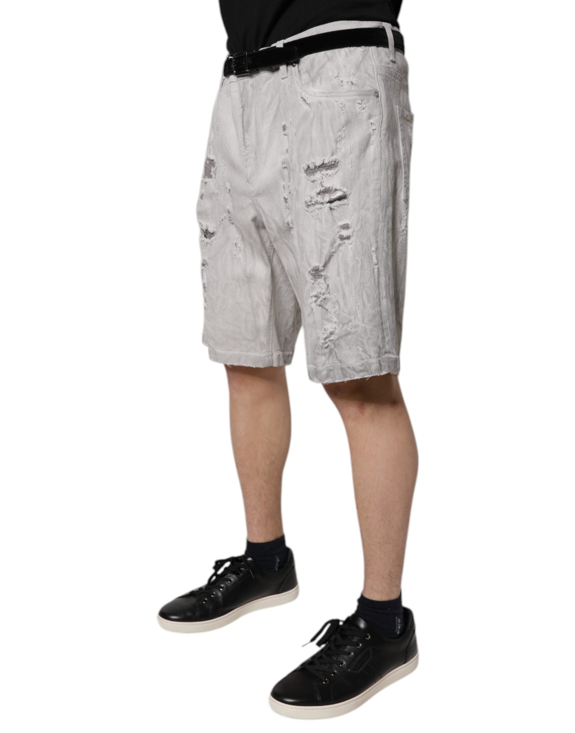 New Dolce & Gabbana Light Gray Tattered Men Denim Bermuda Shorts