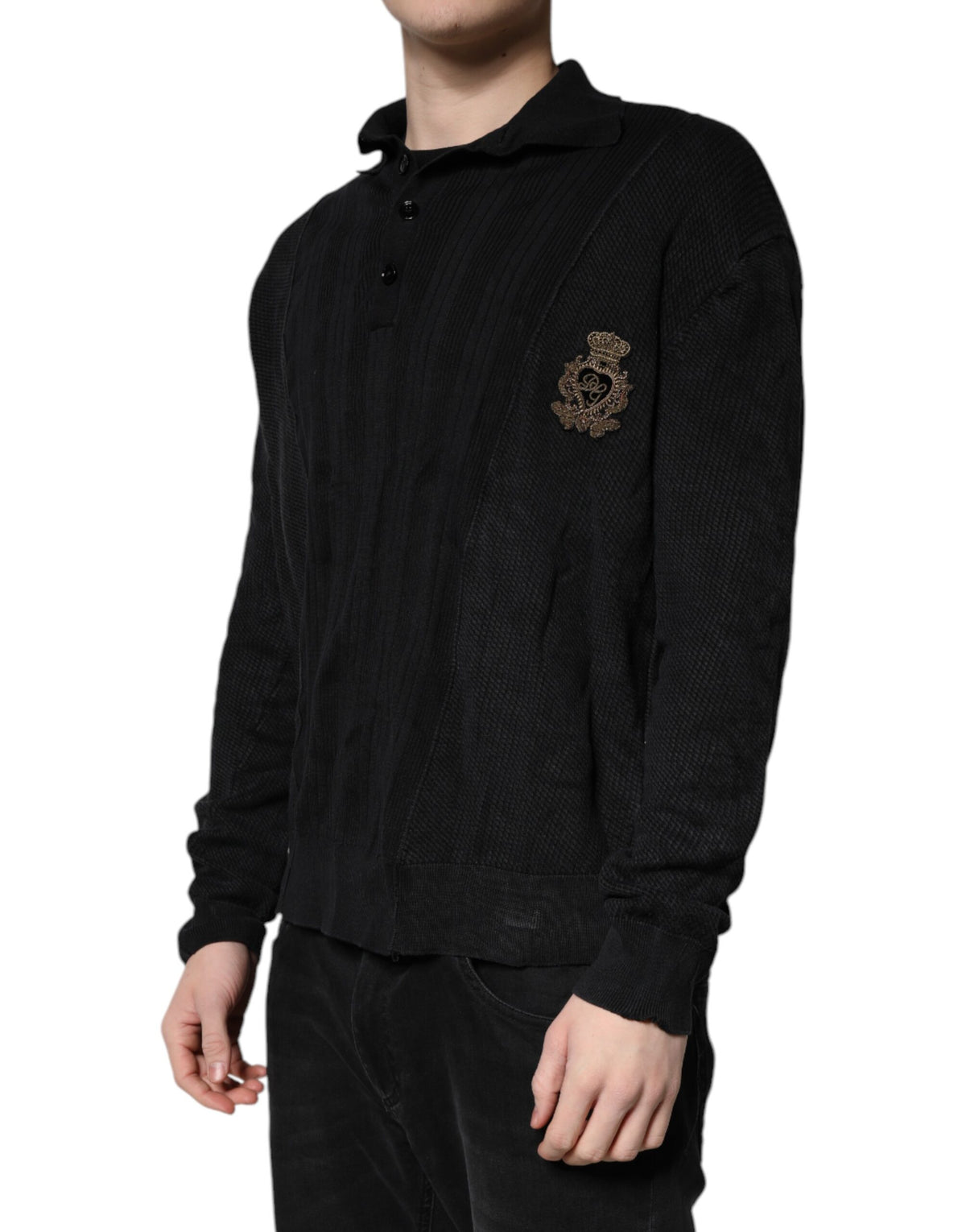 Dolce & Gabbana Black Heraldic Silk Buttoned Pullover Sweater