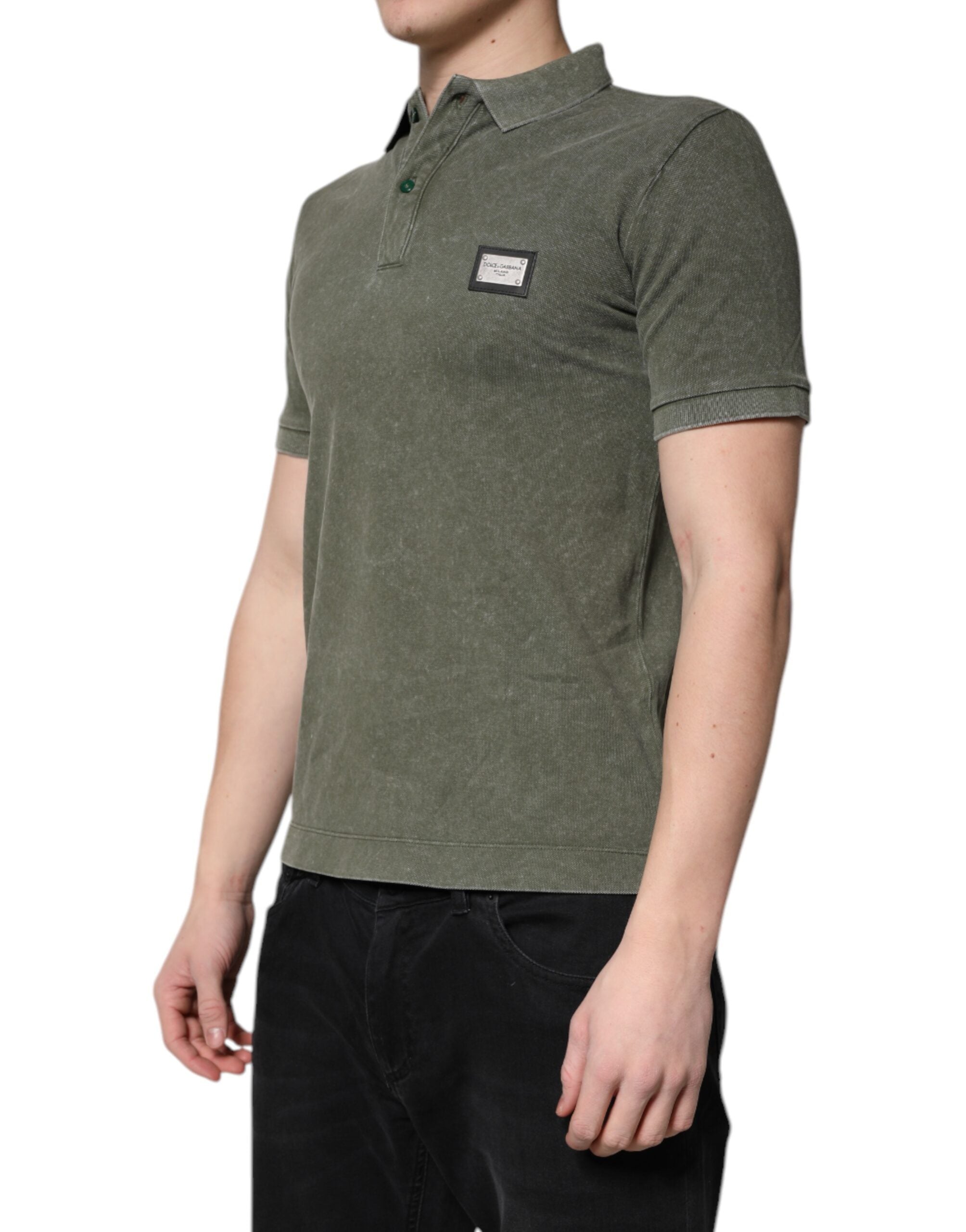 New Dolce & Gabbana Army Green Logo Plaque Cotton Polo Shirt T-shirt