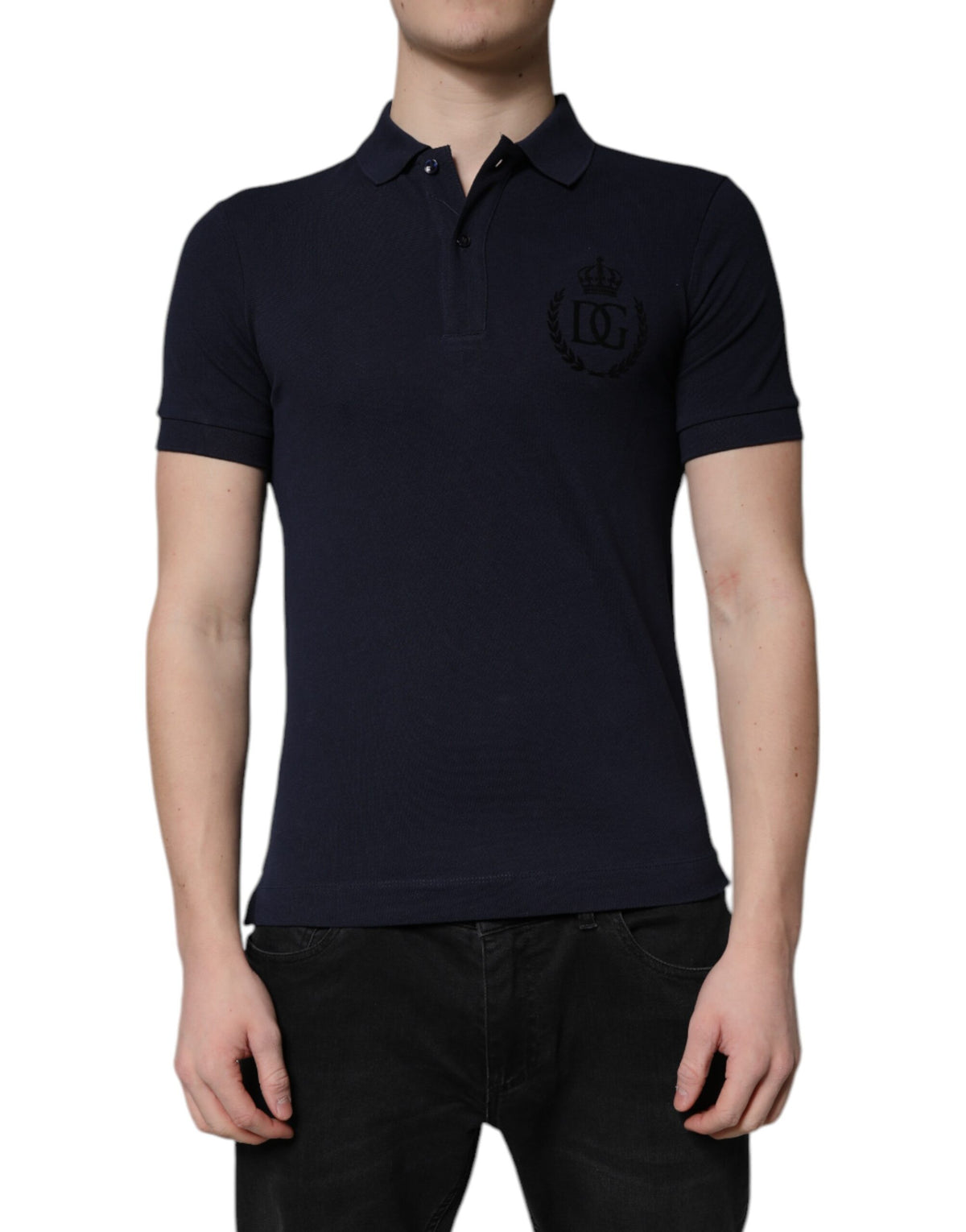 New Dolce & Gabbana Dark Blue Cotton Crown Collared Polo T-shirt