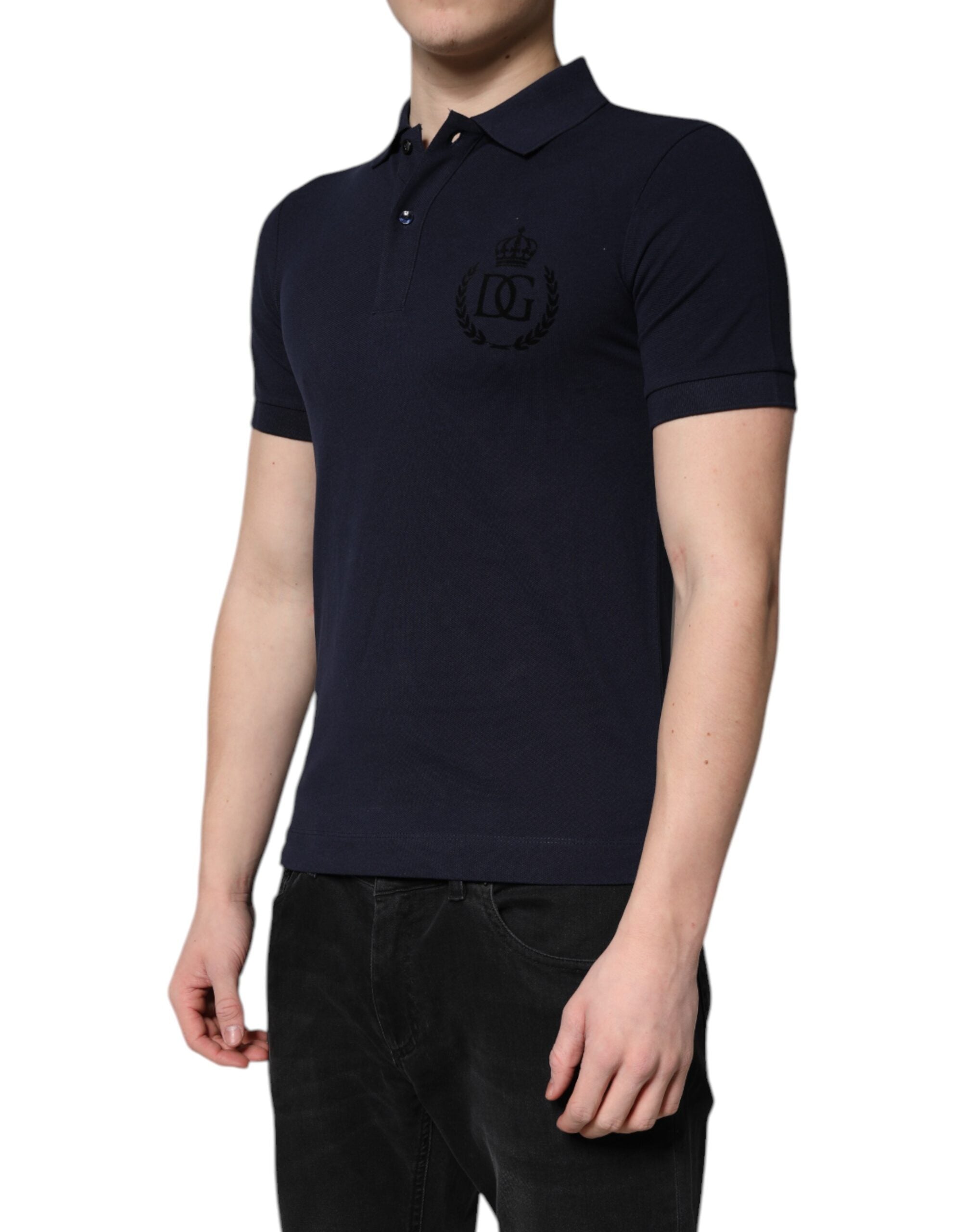 New Dolce & Gabbana Dark Blue Cotton Crown Collared Polo T-shirt