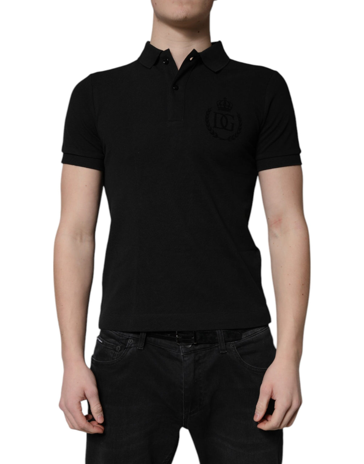 New Dolce & Gabbana Black Cotton DG Logo Collared Polo T-shirt