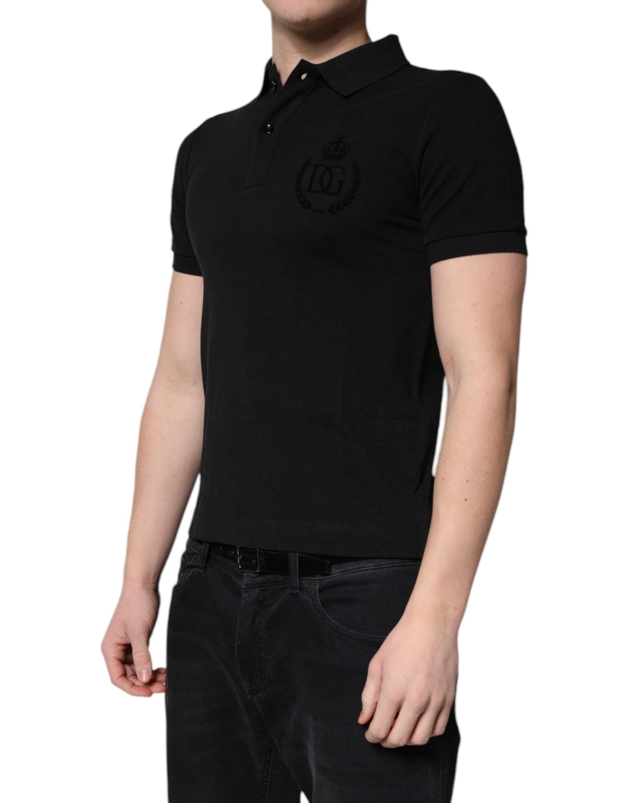 New Dolce & Gabbana Black Cotton DG Logo Collared Polo T-shirt