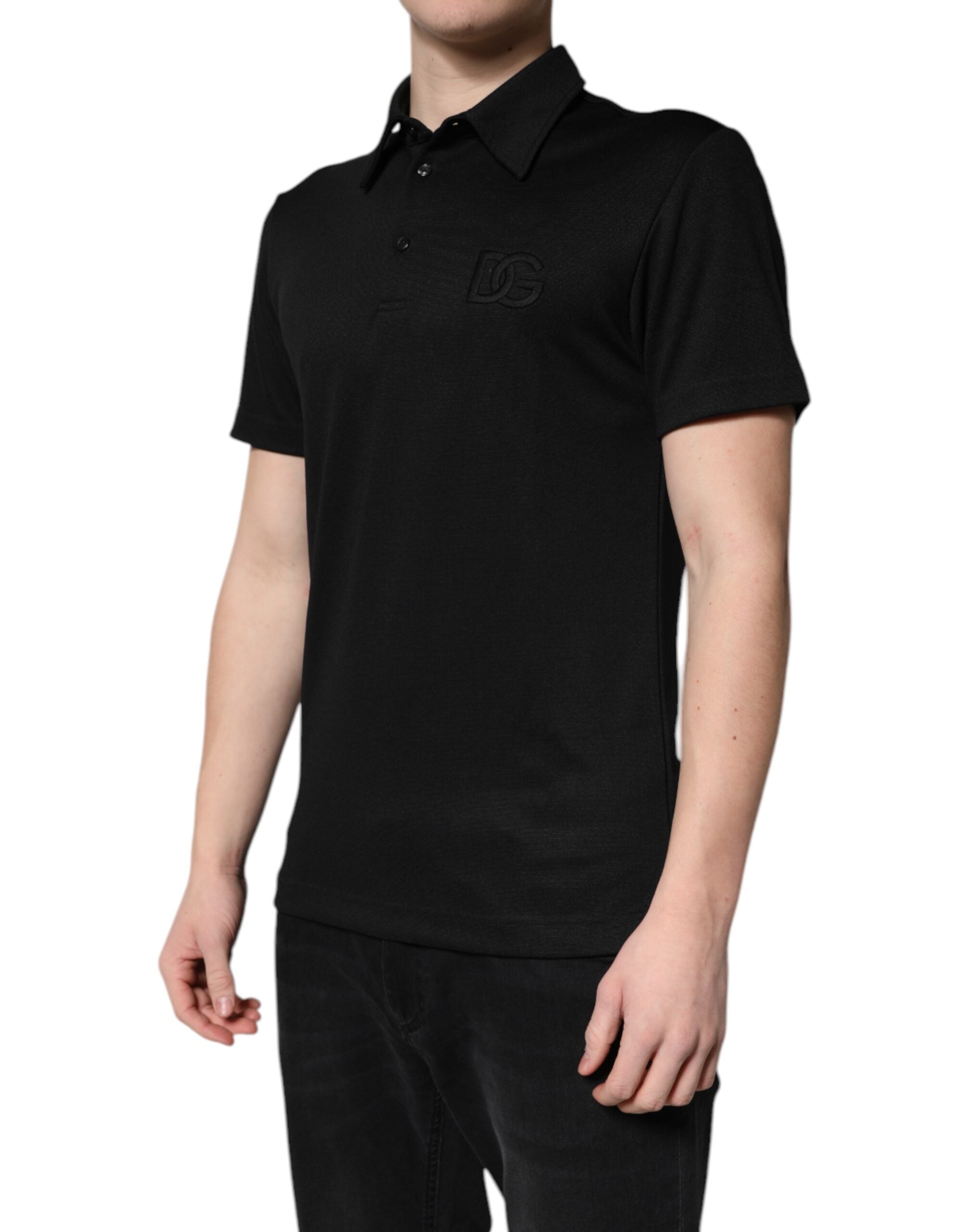 New Dolce & Gabbana Black Polyester DG Logo Collared Polo T-shirt