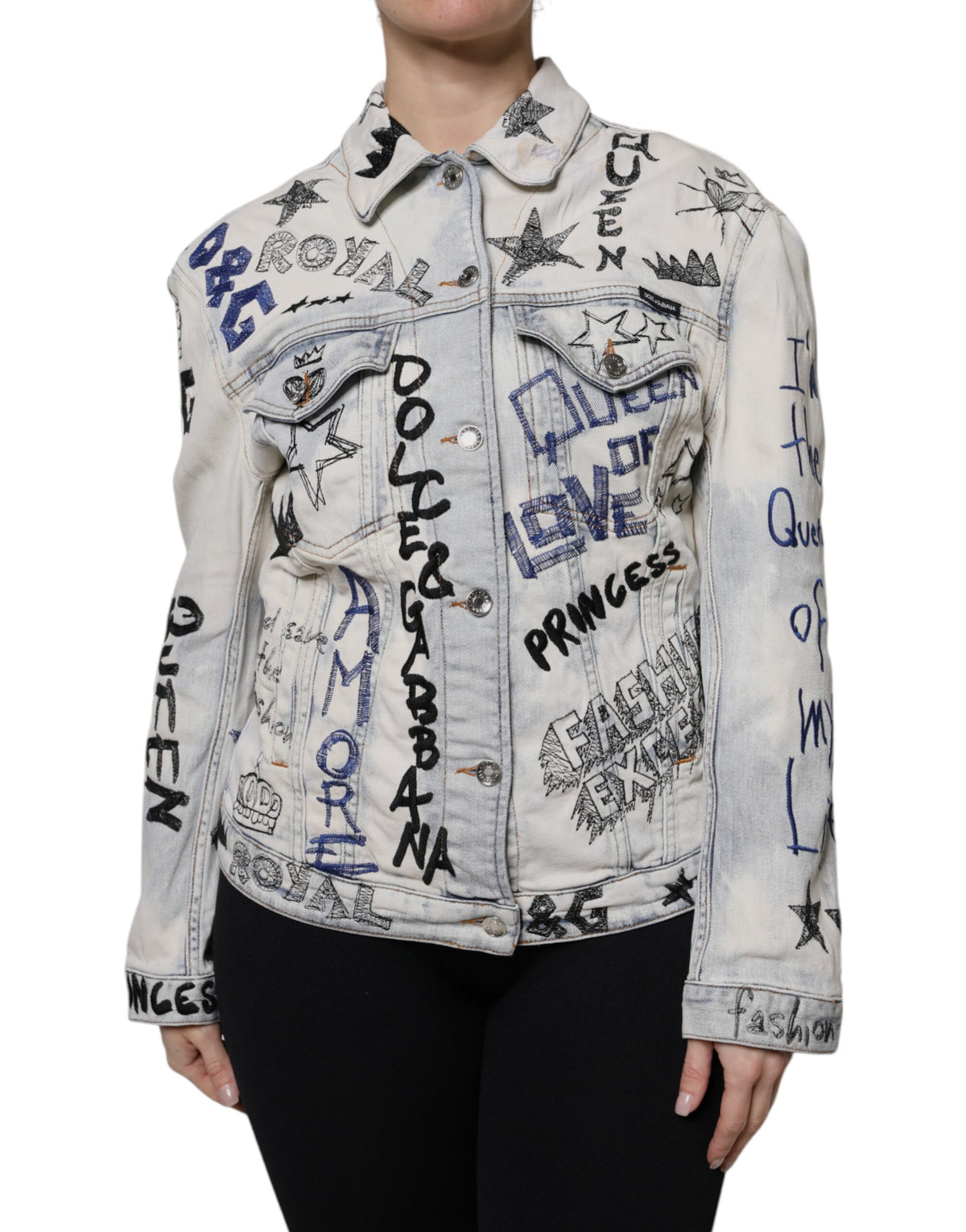 New Dolce & Gabbana Light Blue Graffiti Button Down Denim Jacket