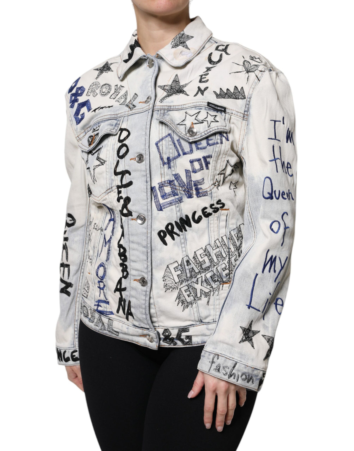 New Dolce & Gabbana Light Blue Graffiti Button Down Denim Jacket