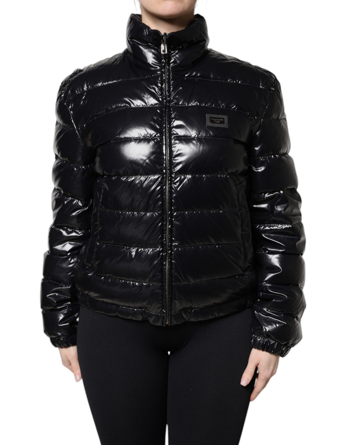 New Dolce & Gabbana Black Logo Plaque Full Zip Puffer Jacket