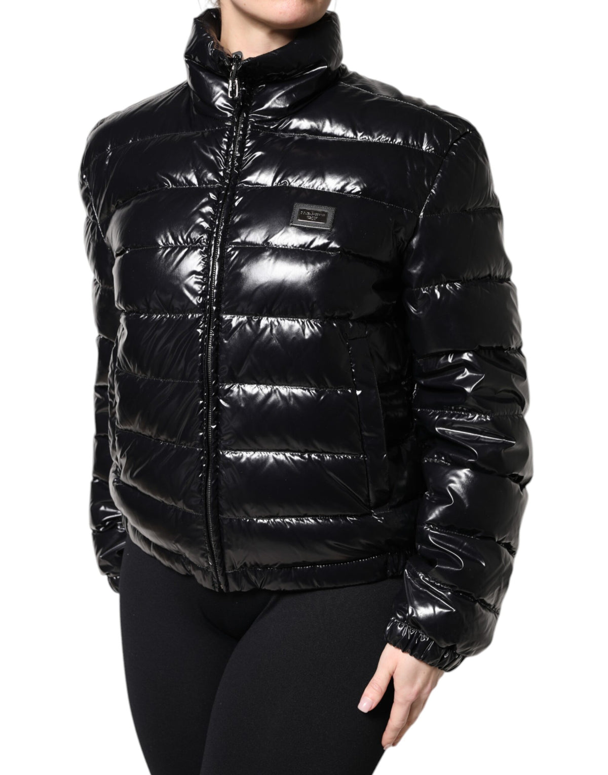 New Dolce & Gabbana Black Logo Plaque Full Zip Puffer Jacket