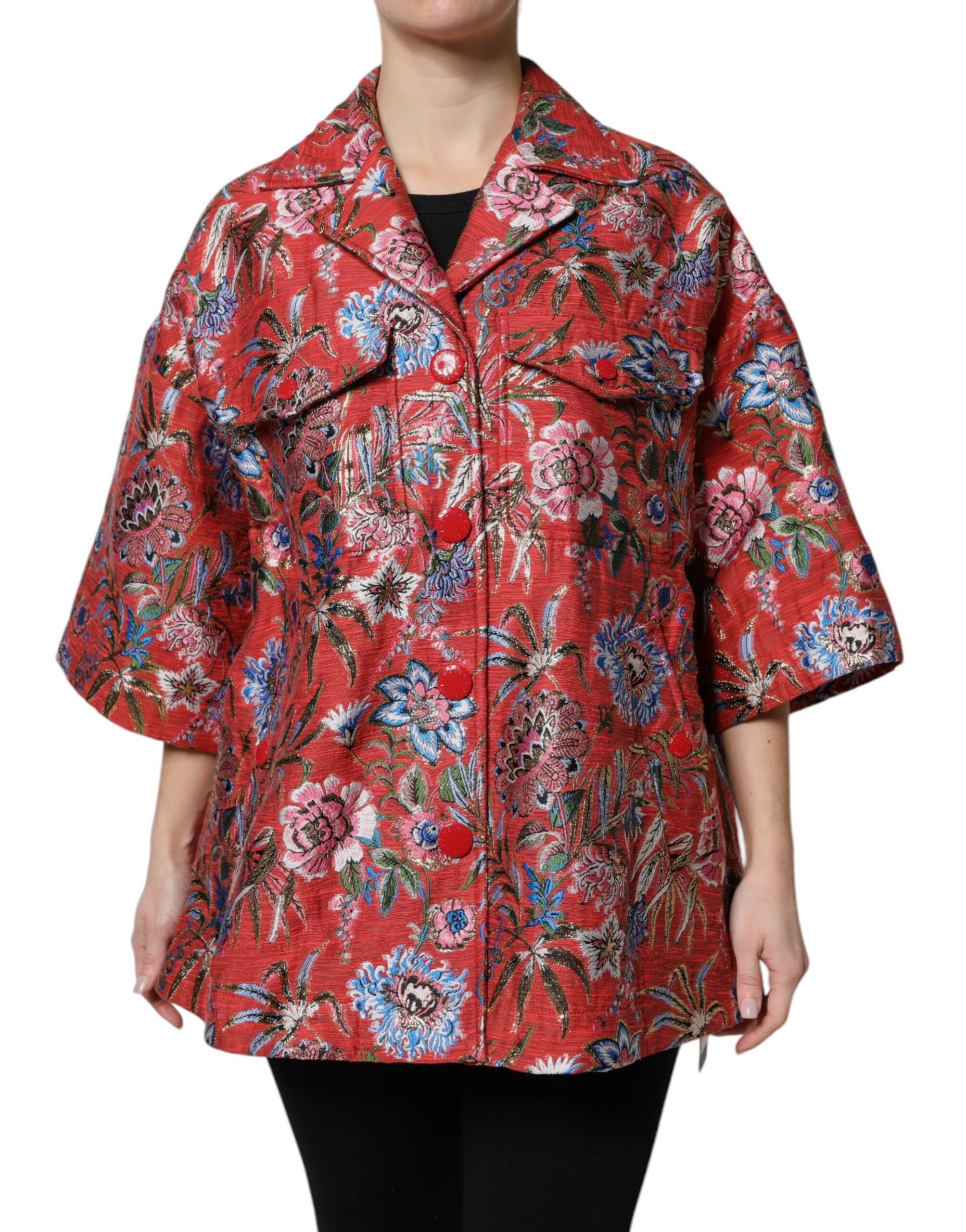 New Dolce & Gabbana Red Floral Jacquard Button Down Coat Jacket