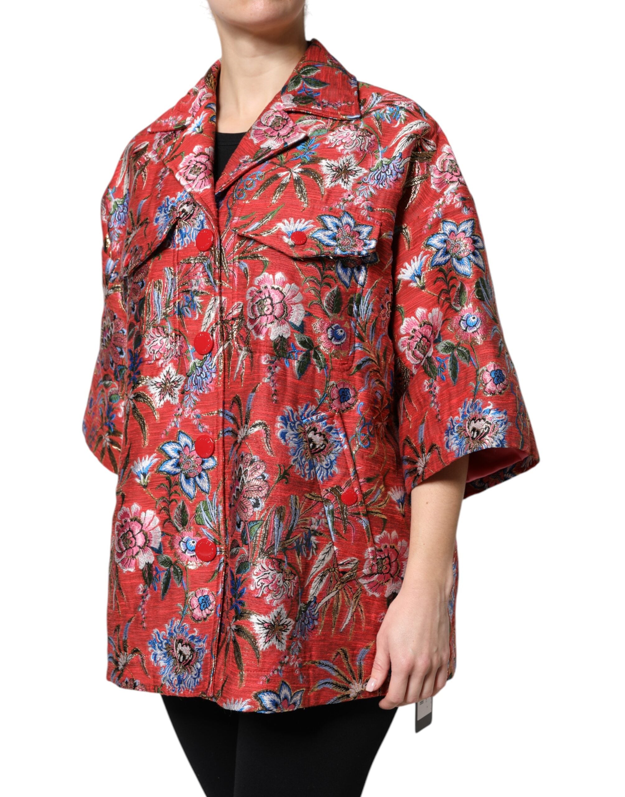 New Dolce & Gabbana Red Floral Jacquard Button Down Coat Jacket