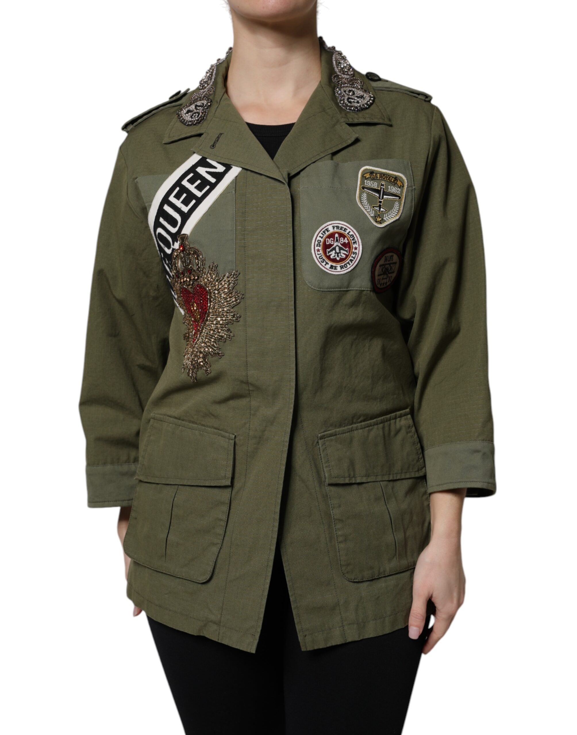 New Dolce & Gabbana Military Green Queen Embellished Coat Jacket