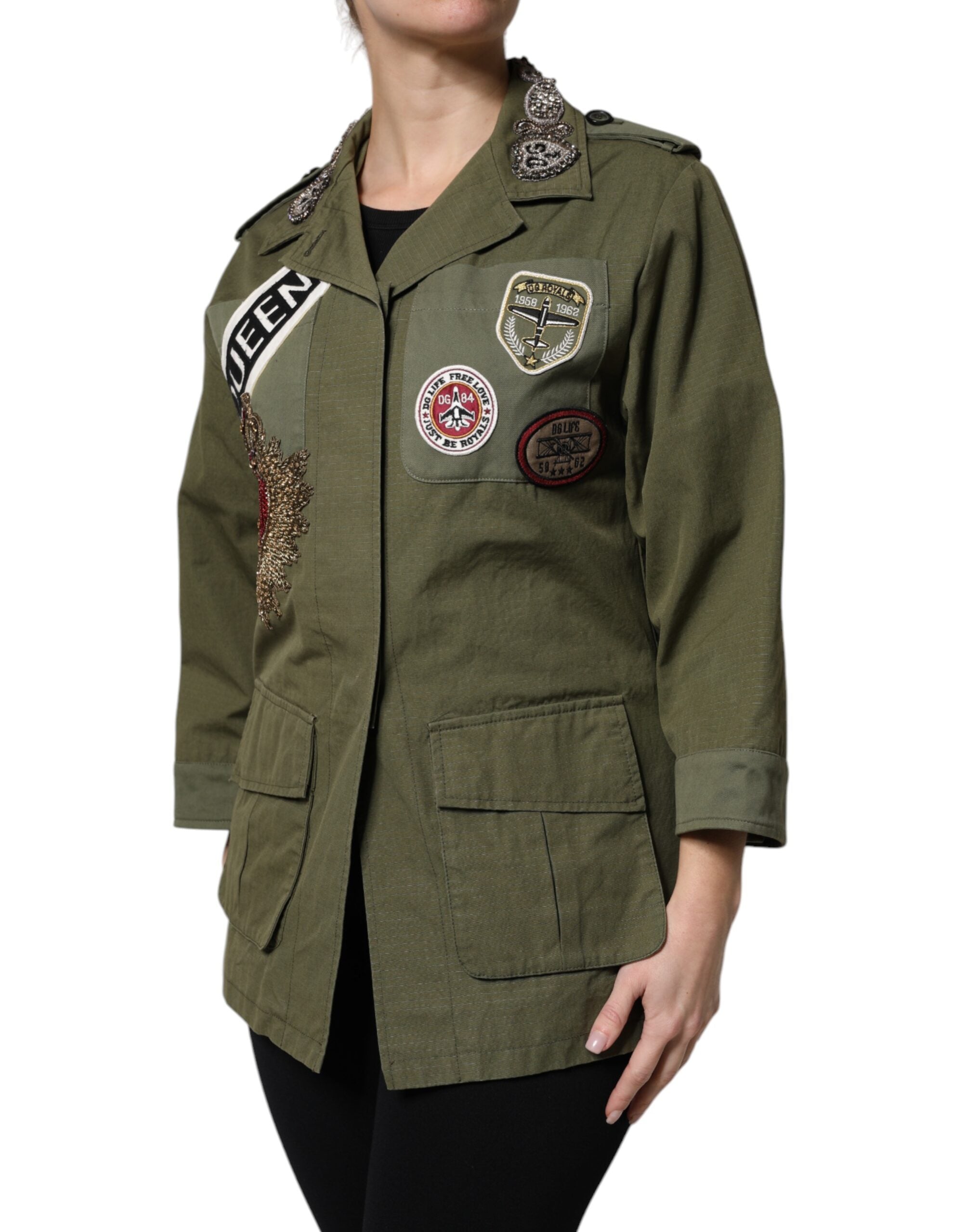 New Dolce & Gabbana Military Green Queen Embellished Coat Jacket