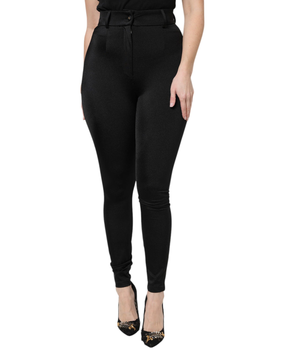 New Dolce & Gabbana Black Nylon High Waist Slim Fit Pants