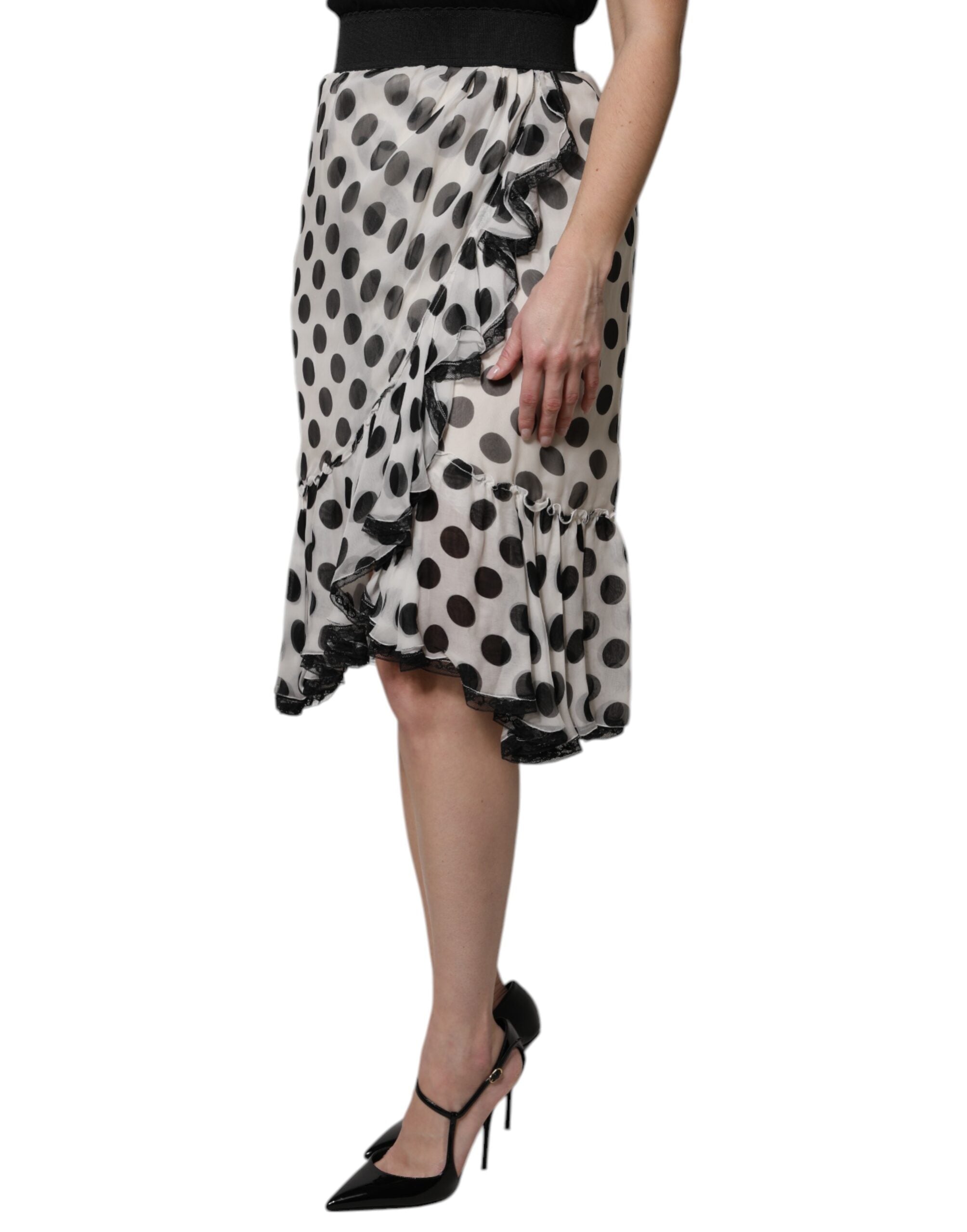 New Dolce & Gabbana White Black Polka Dots Knee Length Skirt