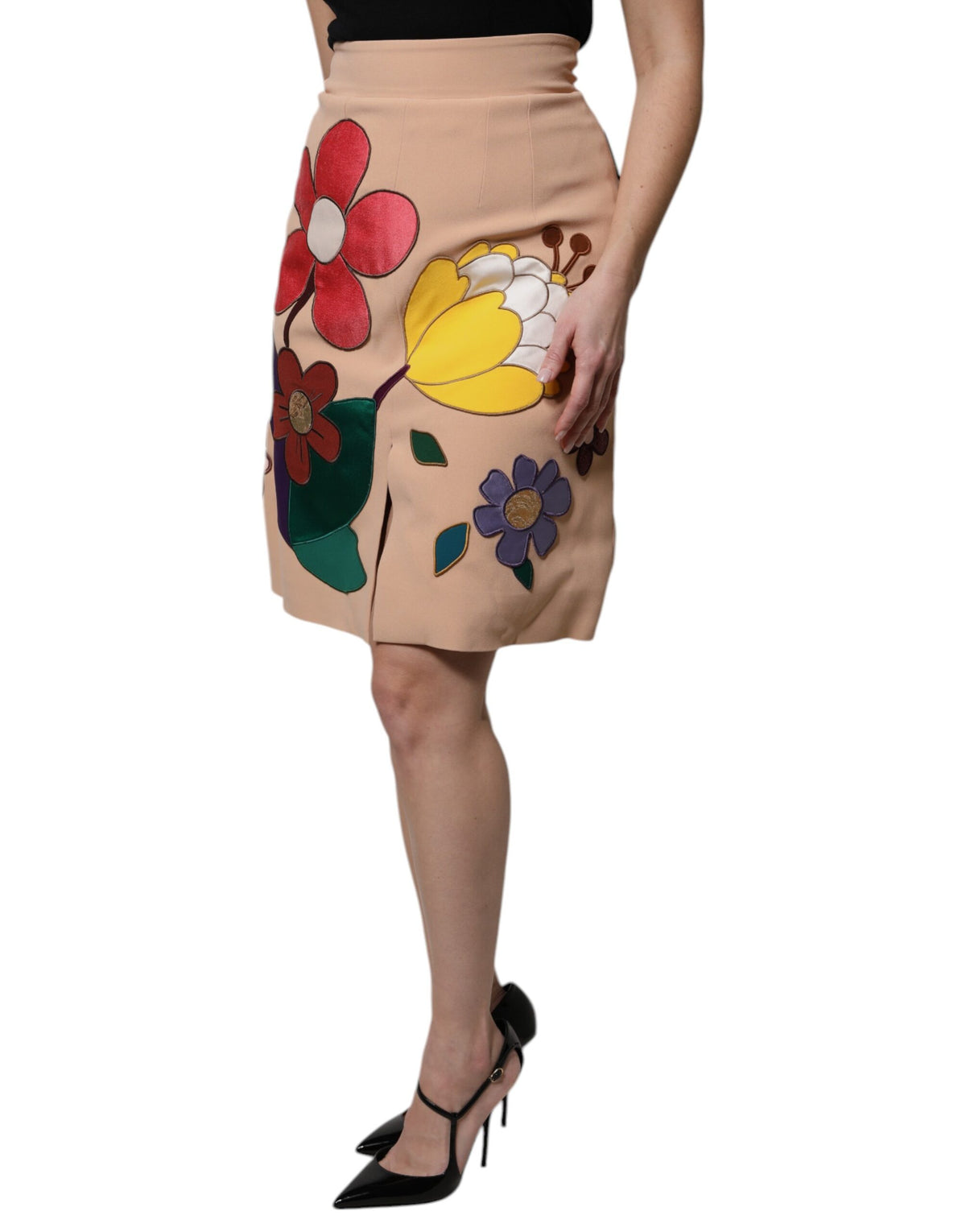 New Dolce & Gabbana Beige Floral High Waist Pencil Cut Skirt