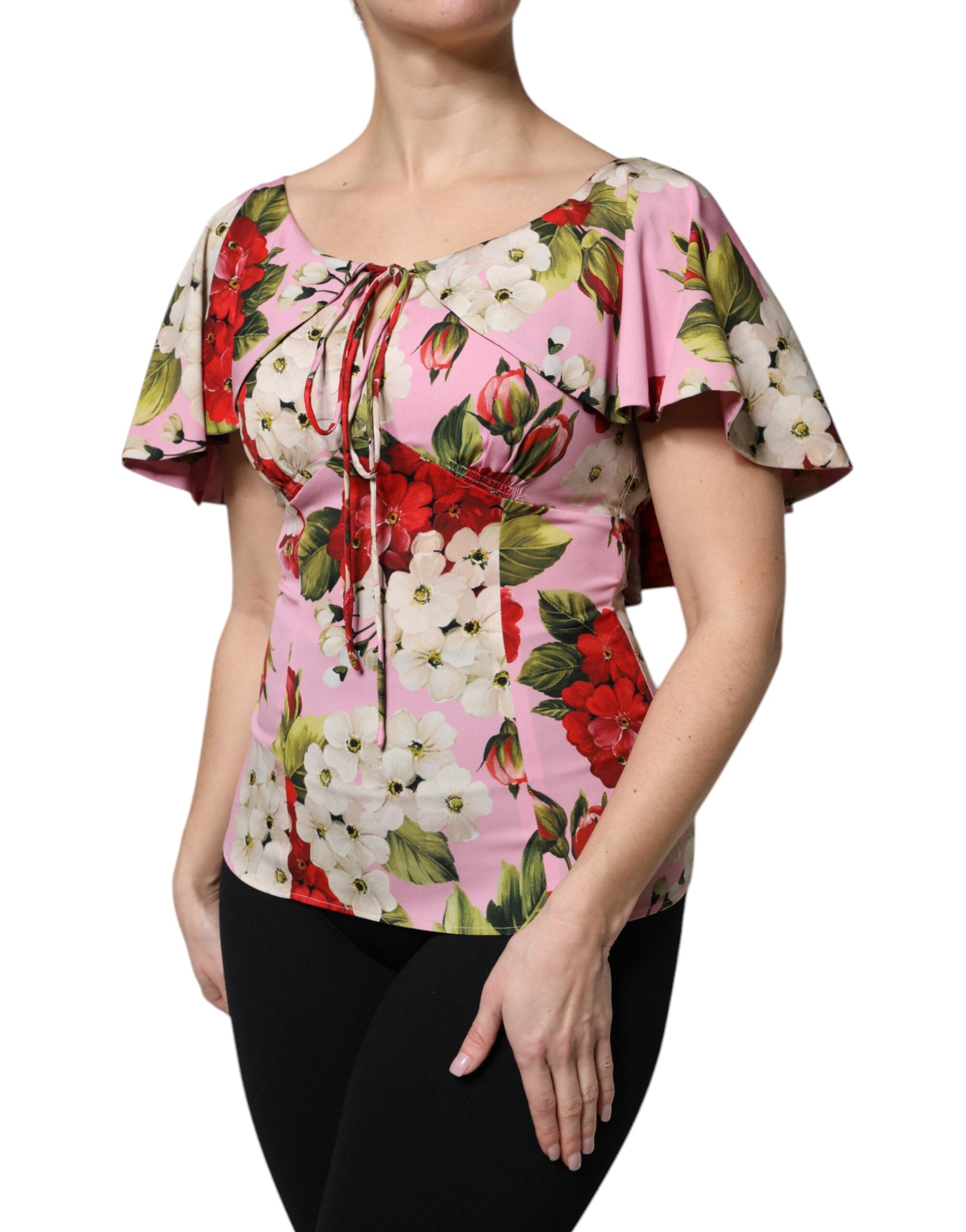 New Dolce & Gabbana Pink Floral Silk Short Sleeves Blouse Top