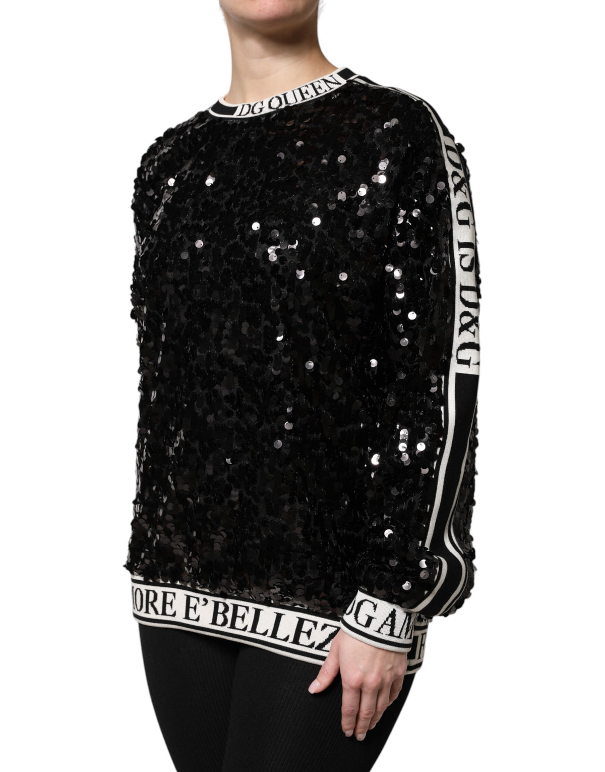 New Dolce & Gabbana Black DG Queen Sequin Pullover Sweater
