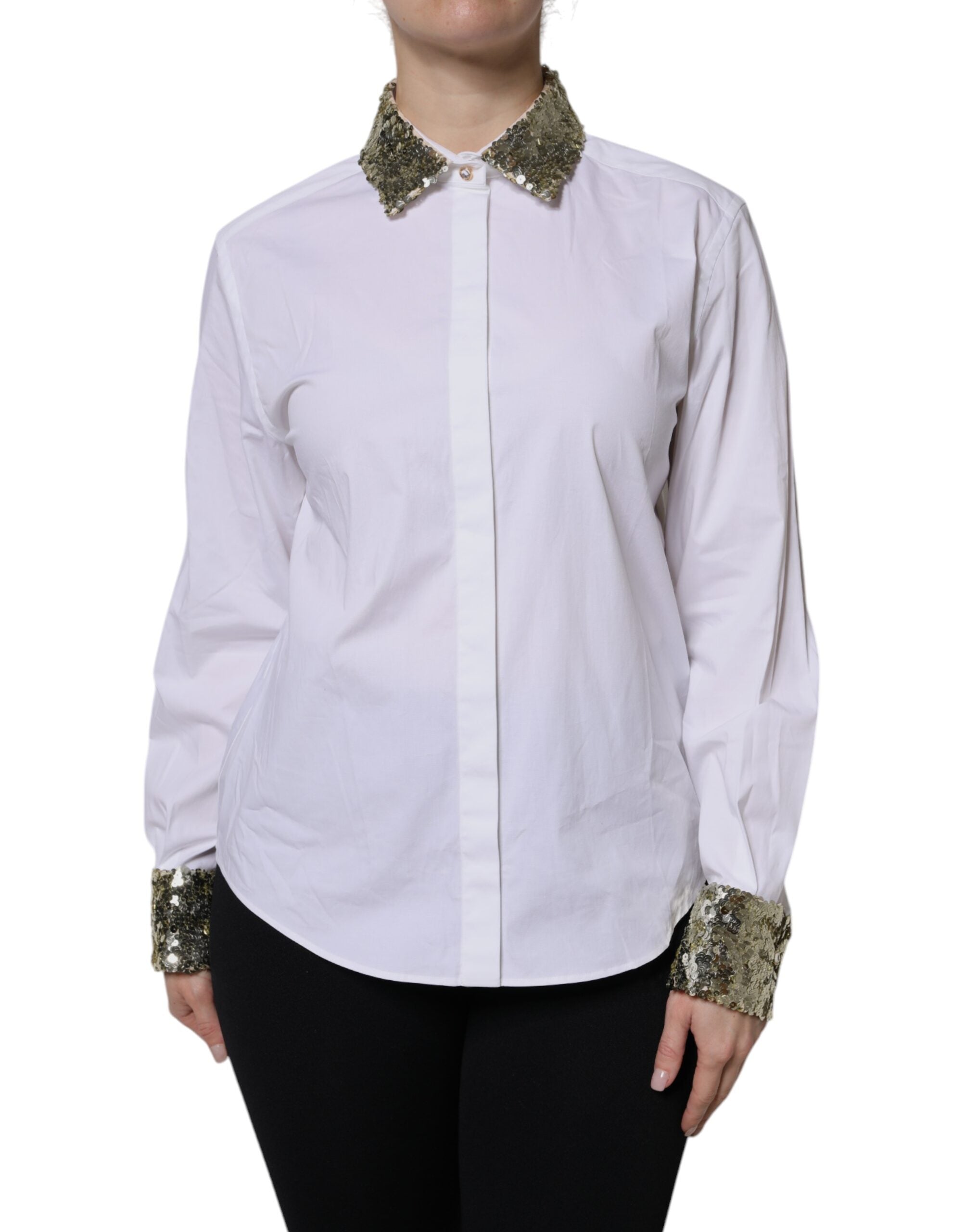 New Dolce & Gabbana White Cotton Long Sleeves Sequin Shirt Top